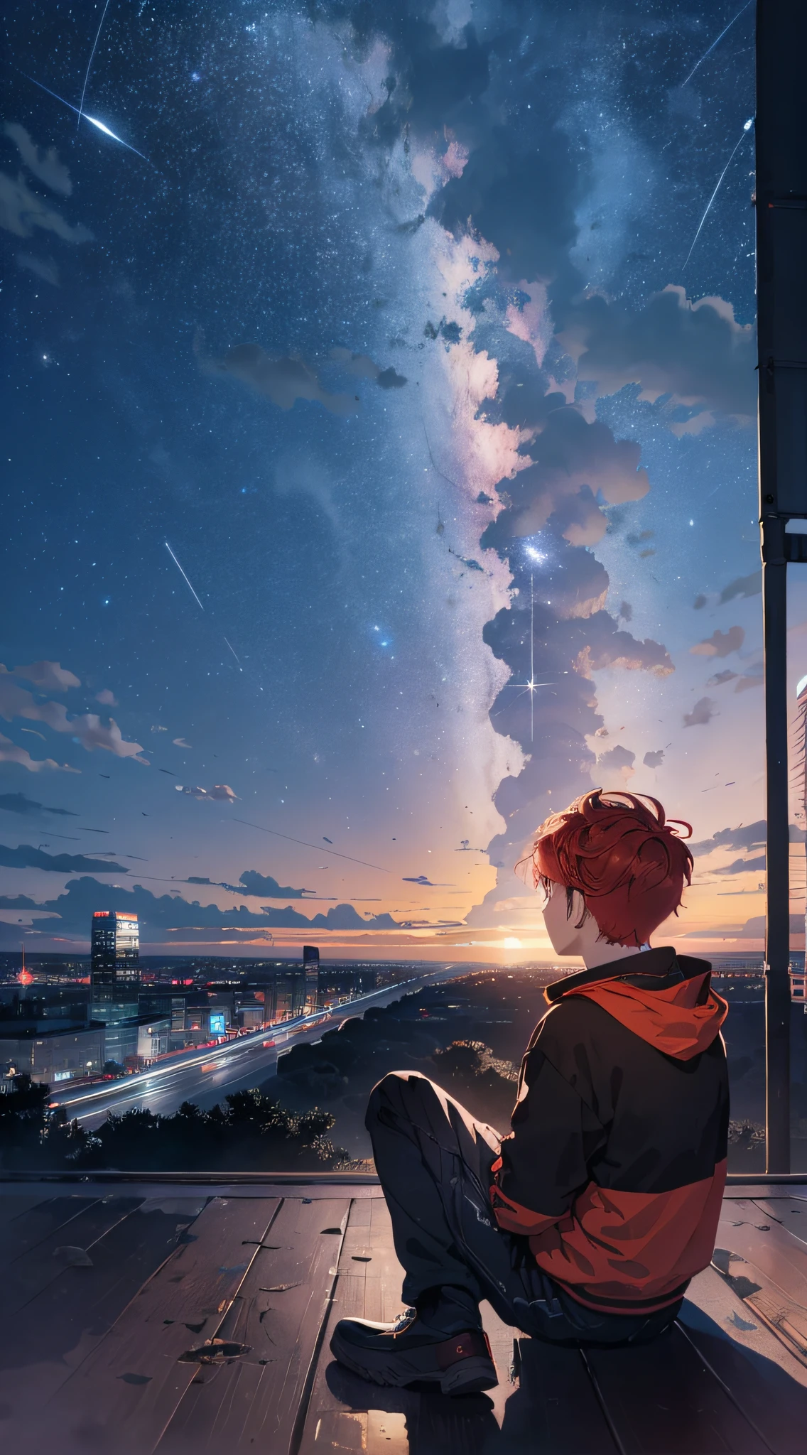 octans, sky, star (sky), scenery, starry sky, night, 1boy, night sky, solo, outdoors, building, cloud, milky way, sitting, tree, city, silhouette, cityscape, red hair boy, fantastic sky, planet