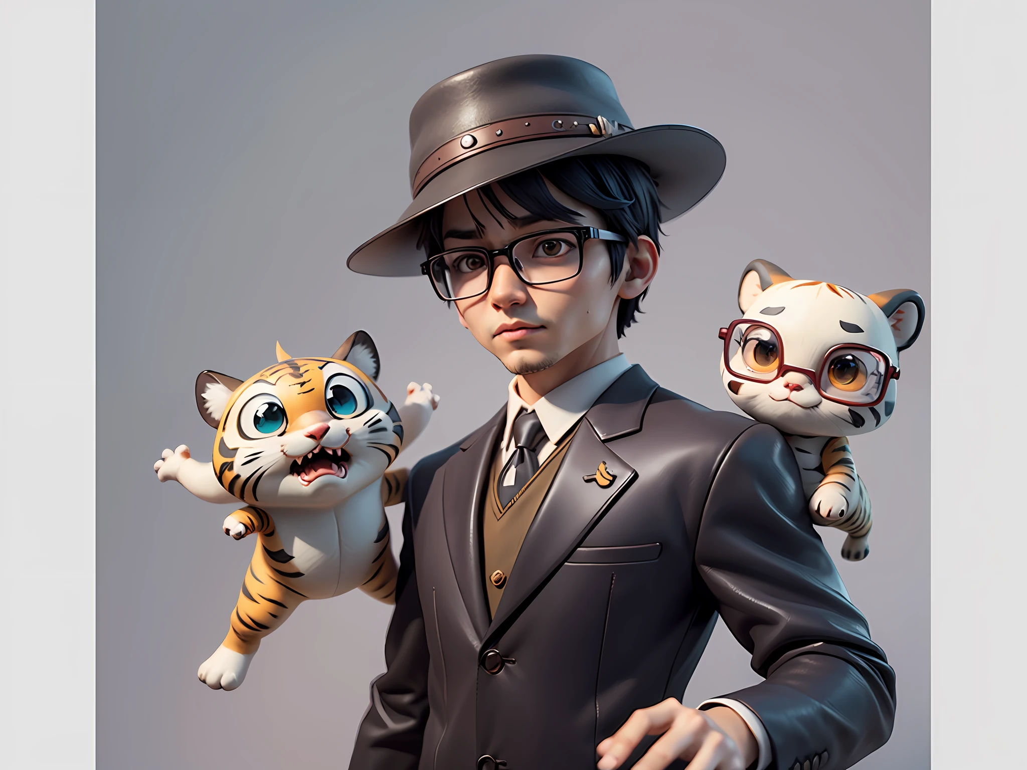 Young man with oriental face in leather hat, tiger, oriental face in formal suit, short black hair, silver glasses, digital painting, 3D character design by Mark Clairedon and Pixar and Hayao Miyazaki and Akira Toriyama, the illustration is a high-definition illustration in 4K resolution with very detailed facial features and cartoon-style visuals.