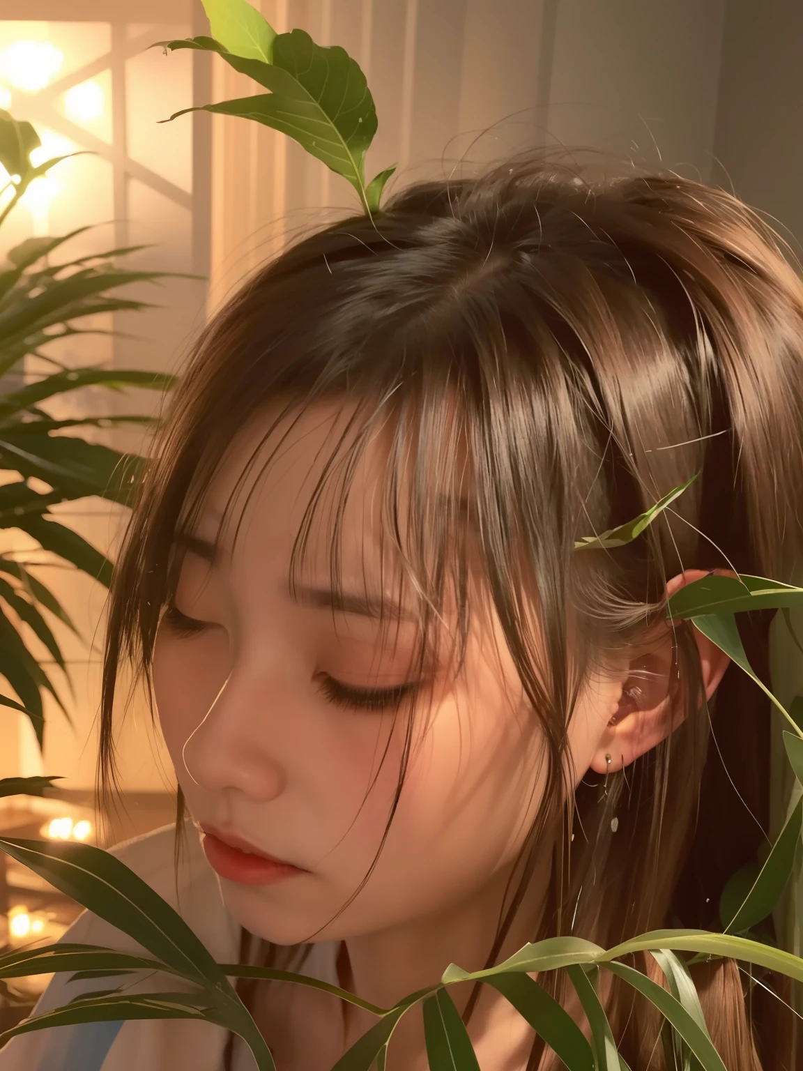 There was a woman looking at the plant in her hand, growth on head, hair over face, Thinning hair, greasy hair, wet dripping hair, With long hair, hair blocking eyes, hair floating covering chest, parted hair, close up of iwakura lain, hair blocking eyes, neatly coming out of her head, Soft hair, Hair coloring，Smaller nose，mouth close