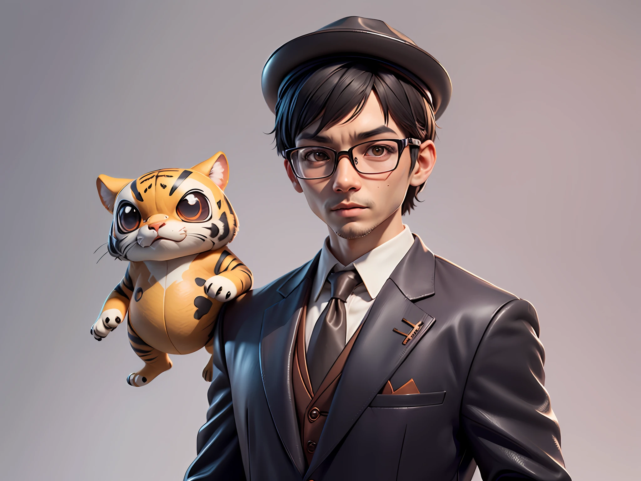 Young man with oriental face in leather hat, tiger, oriental face in formal suit, short black hair, silver glasses, digital painting, 3D character design by Mark Clairedon and Pixar and Hayao Miyazaki and Akira Toriyama, the illustration is a high-definition illustration in 4K resolution with very detailed facial features and cartoon-style visuals.