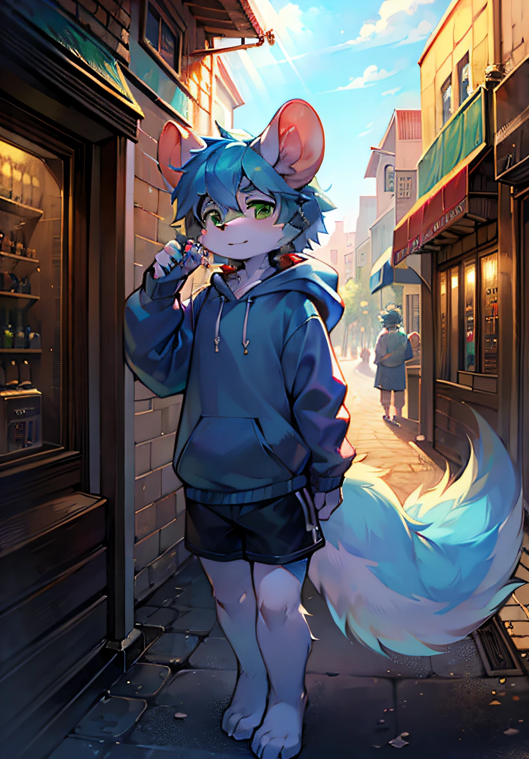 Bright environment,Summer Street,rays of sunshine,in a panoramic view,solo person,Character focus,shaggy,shaggy male,(Full body fur,Elongated tail,Furry tail,Light purple fur,White fur,Green eyes,dark-blue hair),(rodent,Light blue sweatshirt,yogurt)