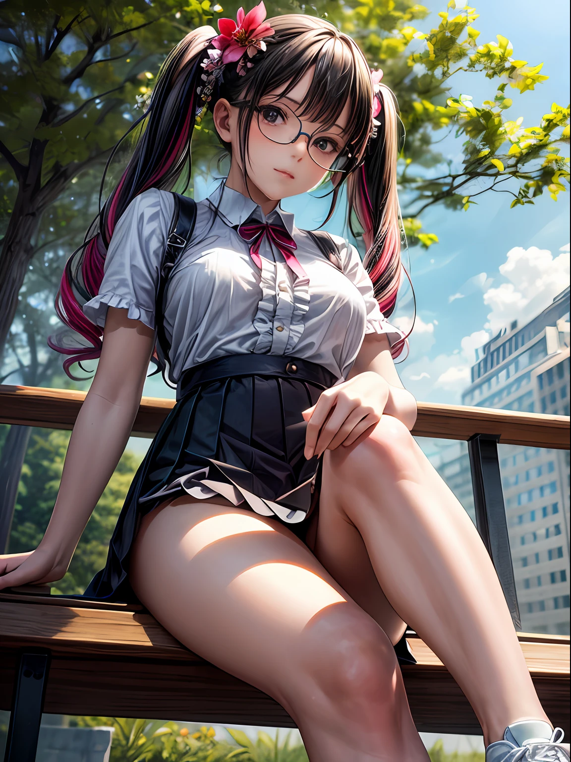 (masterpiece, best quality:1.4), realistic illustration, outdoors, park, from below, 1 mature female, solo, sitting on bench, short checked skirt, (upskirt), white panties, sneakers, glasses, twintails, looking down at viewer, multicolored hair, gradient hair, flower, hair ornament, hair flower, bare shoulders, closed mouth, white panties, low twintails,frills, nice hands, perfect hands,
