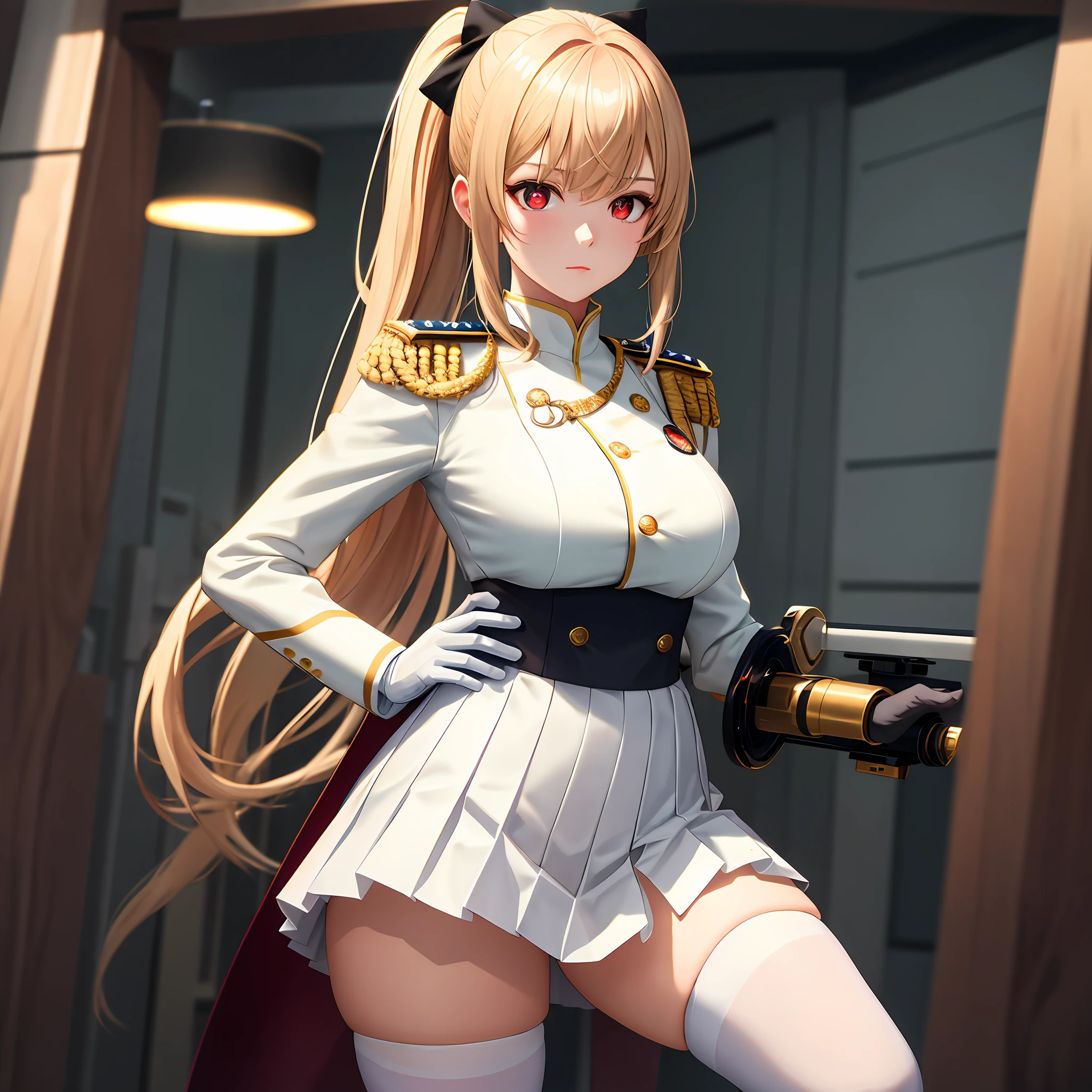 1girll，cabelos preto e longos，Qi bangs，Long ponytail，White bow hairpin，red pupils，beauitful face，crisp breasts，Convex buttocks，White tight military uniform，Gold clasp，White pleated skirt，black lence stockings，White gloves，Japanese katana in hand，There are battleships in the background，perfectly proportioned, Cinematic lighting, filmgrain, Fuji colors, lightand shade contrast, 8K, 巨作, Textured skin, Super detail, high detal, High quality, A high resolution,