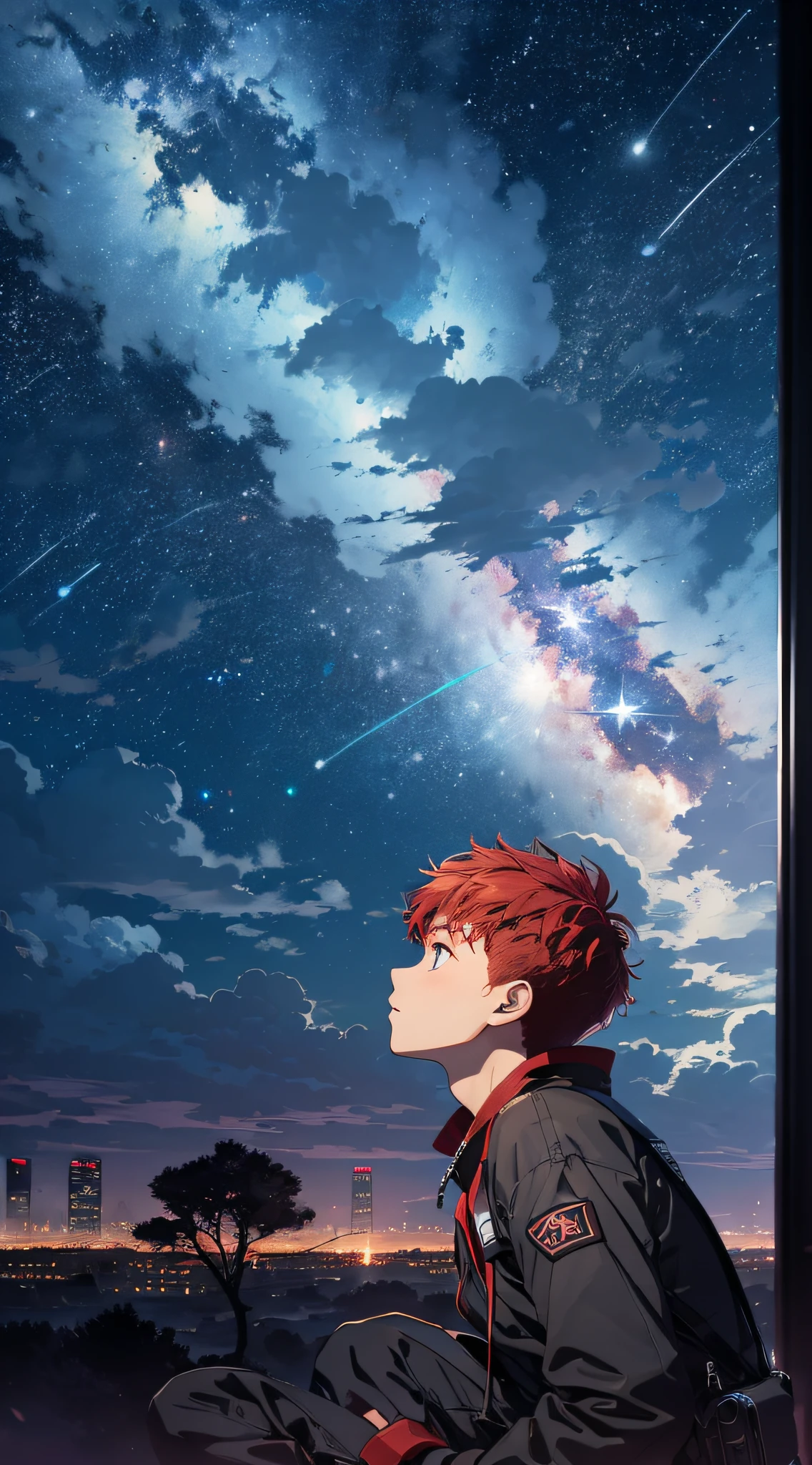 octans, sky, star (sky), scenery, starry sky, night, 1boy, night sky, solo, outdoors, building, cloud, milky way, sitting, tree, city, silhouette, cityscape, red hair boy, fantastic sky, planet