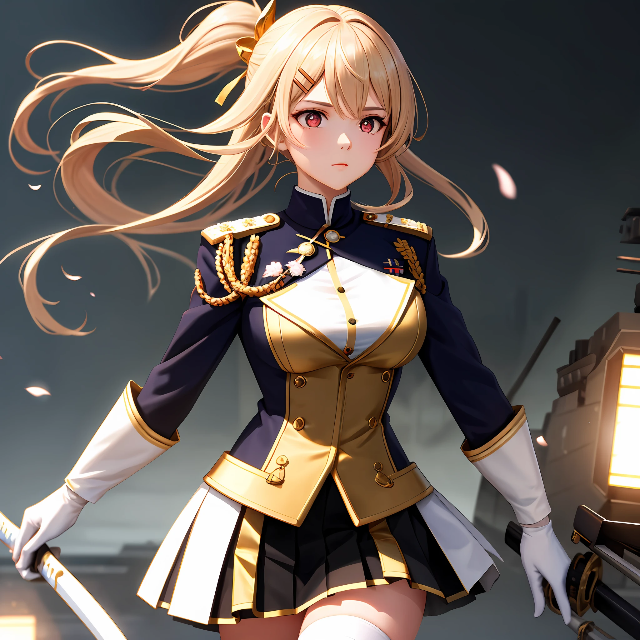 1girll,cabelos preto e longos,Qi bangs,Long ponytail,White bow hairpin,red pupils,beauitful face,crisp breasts,Convex buttocks,White tight military uniform,Gold clasp,White pleated skirt,black lence stockings,White gloves,Japanese katana in hand,There are battleships in the background,perfectly proportioned, Cinematic lighting, filmgrain, Fuji colors, lightand shade contrast, 8K, 巨作, Textured skin, Super detail, high detal, High quality, A high resolution,