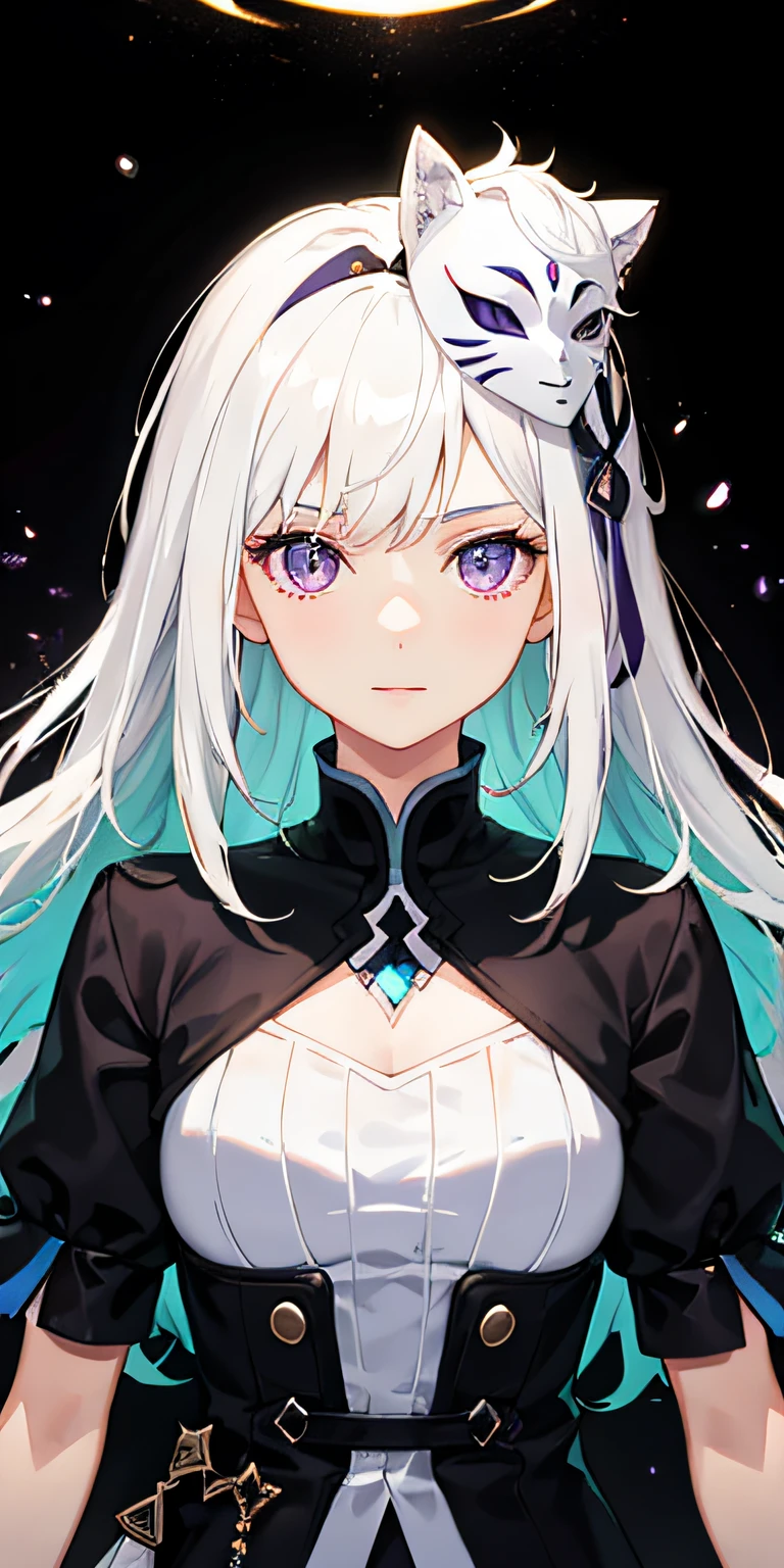 1girl, white hair, multicolored hair, purple eyes, mask on head, sidelighting, light particles, wallpaper,
