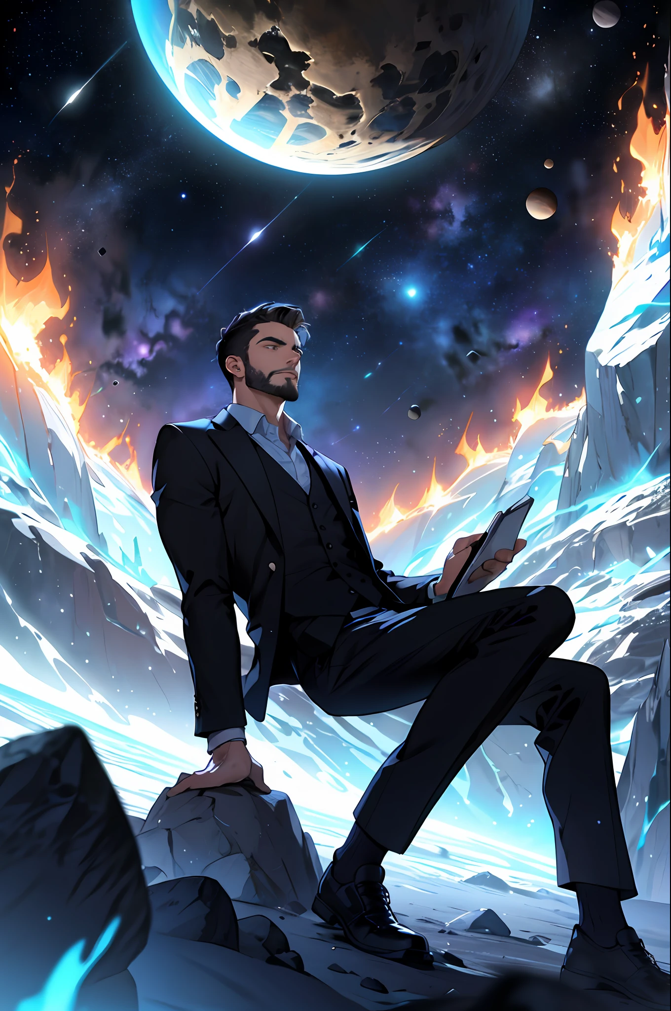 Draw a young programmer, sitting on a research platform floating in the middle of an asteroid belt. He is studying with a notebook, surrounded by several asteroids glowing with fiery auras. Dramatic lighting from distant stars and planets illuminates the scene, casting deep shadows on the suit. The young man looks confident and determined, looking at the vast and mysterious universe with wonder and respect,facial hair, cowboy shot,