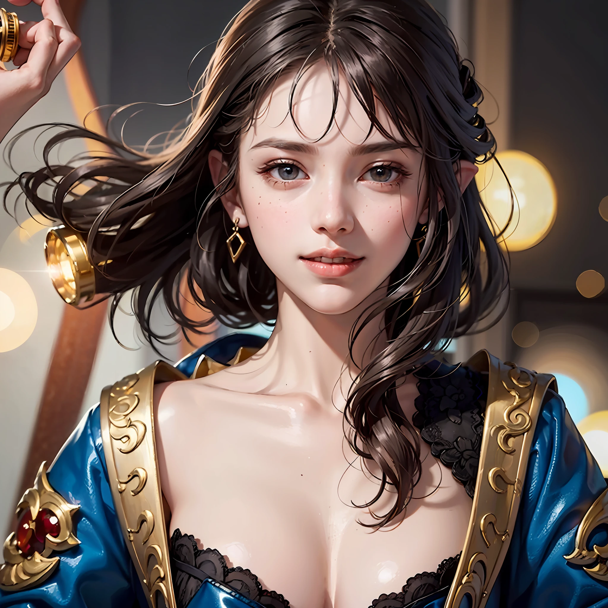 （Low ponytail+By bangs）,Light brown hair,Hood down,feathers hair ornament+hair pin，Dilated pupils，Pointy ears,fingersmile,Renaissance characters with high detail textures,first person perspective，Lights plus movies,Lens flare，Canon camera,8K分辨率,super detailing,Masterpiece quality removes hands