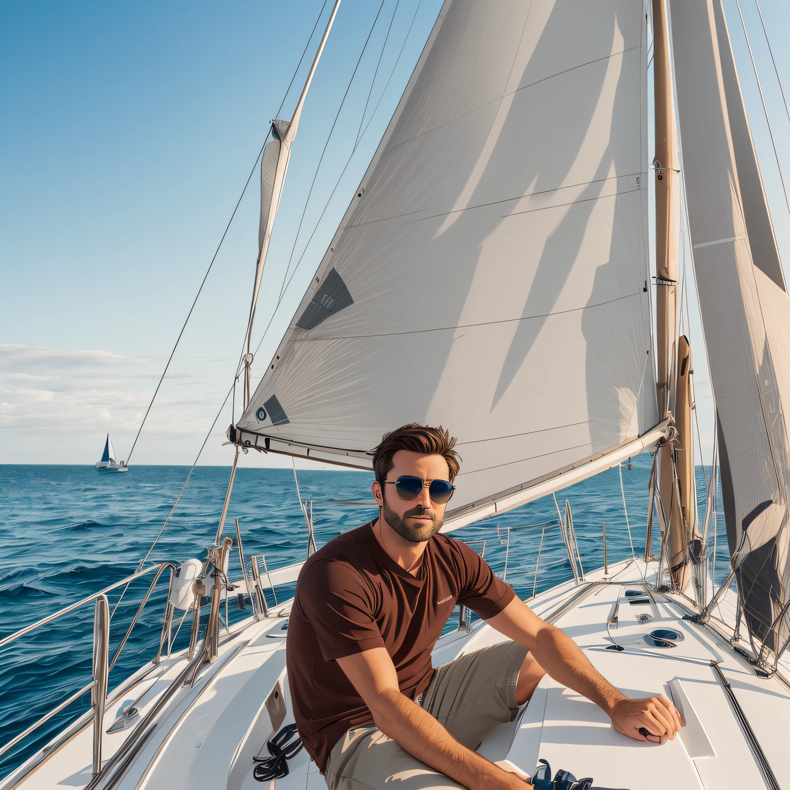 RAW photo, a portrait photo of 40 y.o billionaire white man and super attractive gorgeous wife together, casual style, standing in a bikini a 200 feet sailboat dj party, sailing in high wind, wondering about life, natural skin, 8k uhd, high quality, film grain, Fujifilm XT3, full body and head straight in the photo, facing the viewer of the photo, eyes fixed to the lens, appears shoulders and head in the photo, man and woman centered in the photo, 8k, best quality, masterpiece, realistic, realistic photo, movie photo, ultra realistic, 2 person, detailed, perfect lighting, DSRL, professional photo, 4k, background full view of the clear waters of the Caribbean summer with his attractive wife relaxing, 16:9 aspect ratio --auto