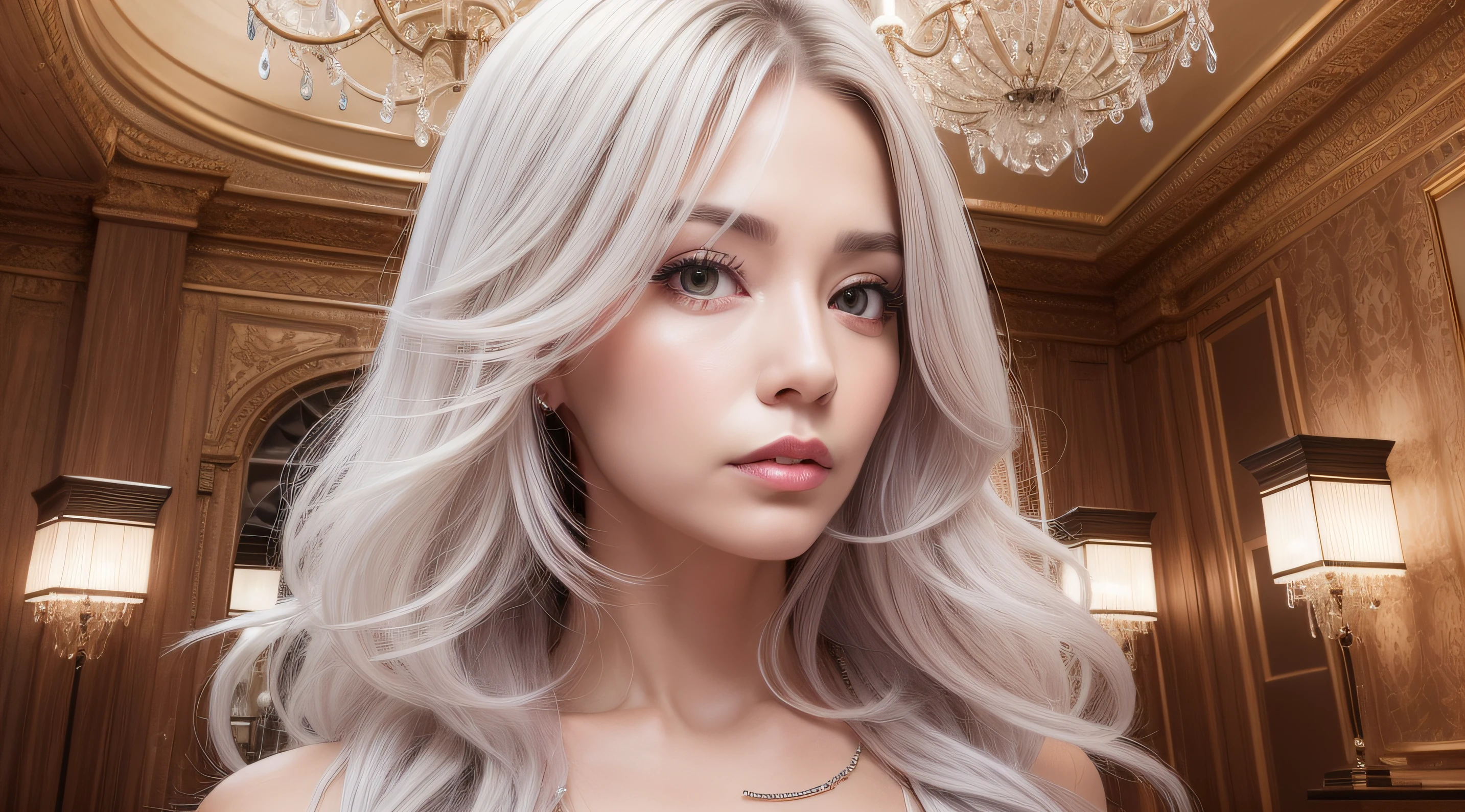 8k,1 10 year old girl(finelydetailedskin,finely quality eyes,Wearing a princess dress),1 21 year old girl(cleavage,Wears a white deep V vest,finelydetailedskin,finely quality eyes,Big wavy long hair),Luxury villa living room,pianos,sofe,Luxury chandeliers,the night,face to face,The upper part of the body,Ultimate detail