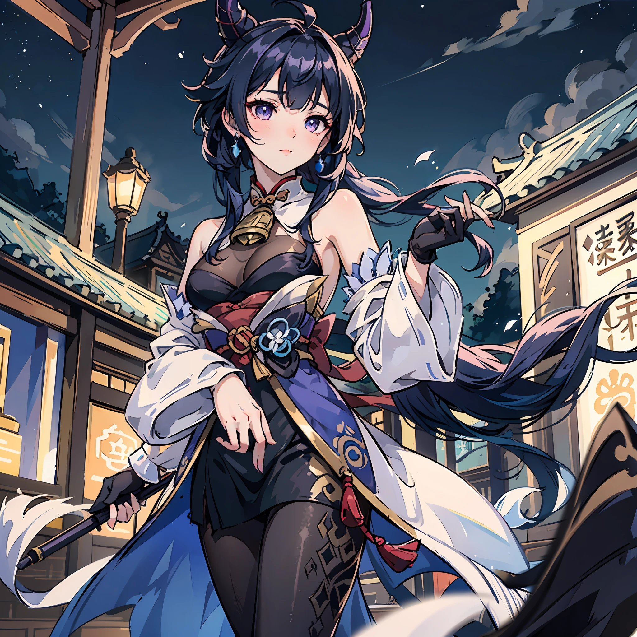 ganyu\(genshin impact\), 1girl, ahoge, architecture, bangs, bare shoulders, bell, black gloves, black tights, ((blue hair)), blush, breasts, chinese knot, sleeve, East Asian architecture, flower knot, gloves, horn, long hair, looking at the audience, mid-chest, neckbell, night, outdoor, pantyhose, purple eyes, sideburns, solo, tassels, white sleeves, ((masterpiece)) --auto