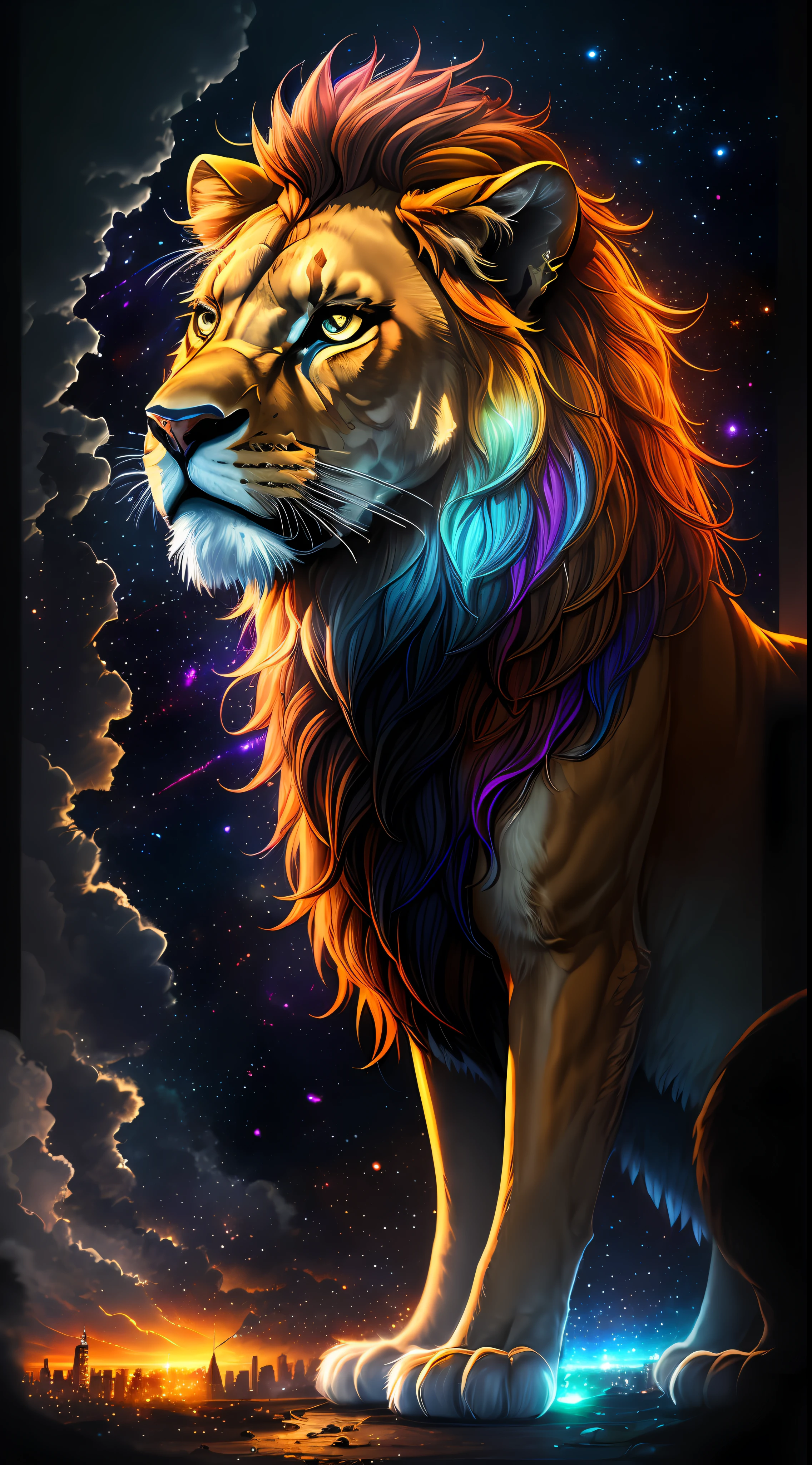 (masterpiece, high quality, highres,illustration), 1girl, galaxy multicolored hair in New york city playing with a lion at night with orange fog, cybercity, high detailed lion face,