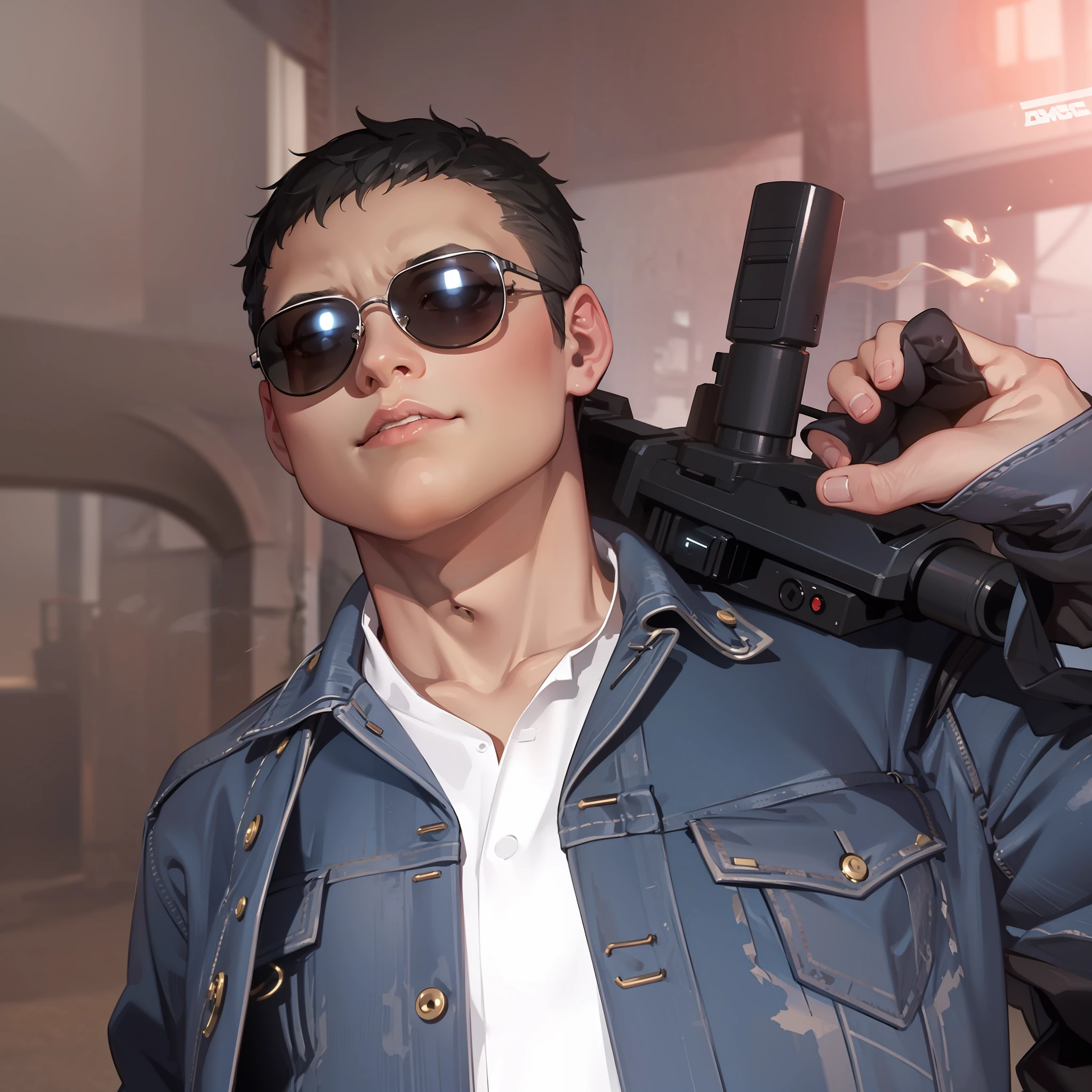 handsome and slightly scary face, shiny glasses, terminator vibes, lots of flares and smoke in the background, dust fills the background, ((Best quality)), ((masterpiece)), (detailed:1.4), HDR (High Dynamic Range),Ray Tracing,NVIDIA RTX,Super-Resolution, Unreal 5,Subsurface scattering,PBR Texturing,Post-processing,Anisotropic Filtering,Depth-of-field,Maximum clarity and sharpness,Multi-layered textures,Albedo and Specular maps,Surface shading,Accurate simulation of light-material interaction,Perfect proportions,Octane Render,Two-tone lighting,Wide aperture,Low ISO,White balance,Rule of thirds,8K RAW, + cinematic shot + dynamic composition, incredibly detailed, sharpen, details + superb details