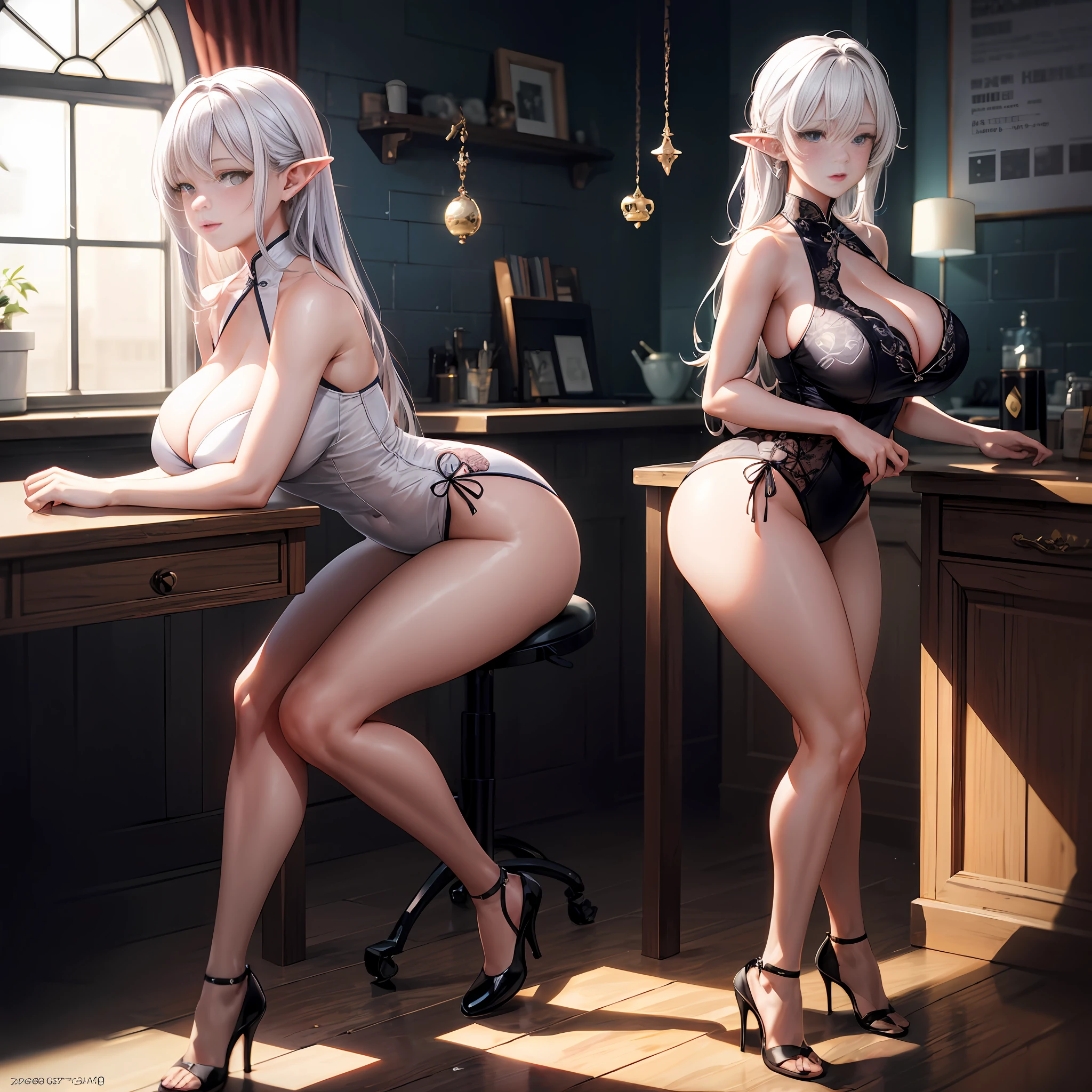 White hair, Shiny hair, Heart-shaped pupils, Heart-shaped eyes, long and pointed ears, saliva, hearts in eyes, rough breath, Yandere, full face blush, High detail, Chiaroscuro, Ray tracing, hyper HD, A high resolution, Anatomically correct, Best quality, Super detail，tmasterpiece，16k，Award-winning photos，finely detailled，Highly detailed woman，20yr old， theme，Extremely detailed eyes and face，piercing eyes, （（（White cheongsam））），Nice face，Perfect face shape，perfect body figure，Oversize models，Mature woman，（（（High and long legs））），(((very Bigger breasts)))，Perfect for wearing skinny，Simple clothes，high-heels，Photography 4 Kodak Portra 400 camera F1。6 kinds of colorful lenses，hyper realistic texture，Dramatic lighting on the IrrealEngine ArtStation Cinestill 800 tungsten lamp trend，（（（Dynamic shots）））,There was a woman sitting in a chair in the room，，ass focus
