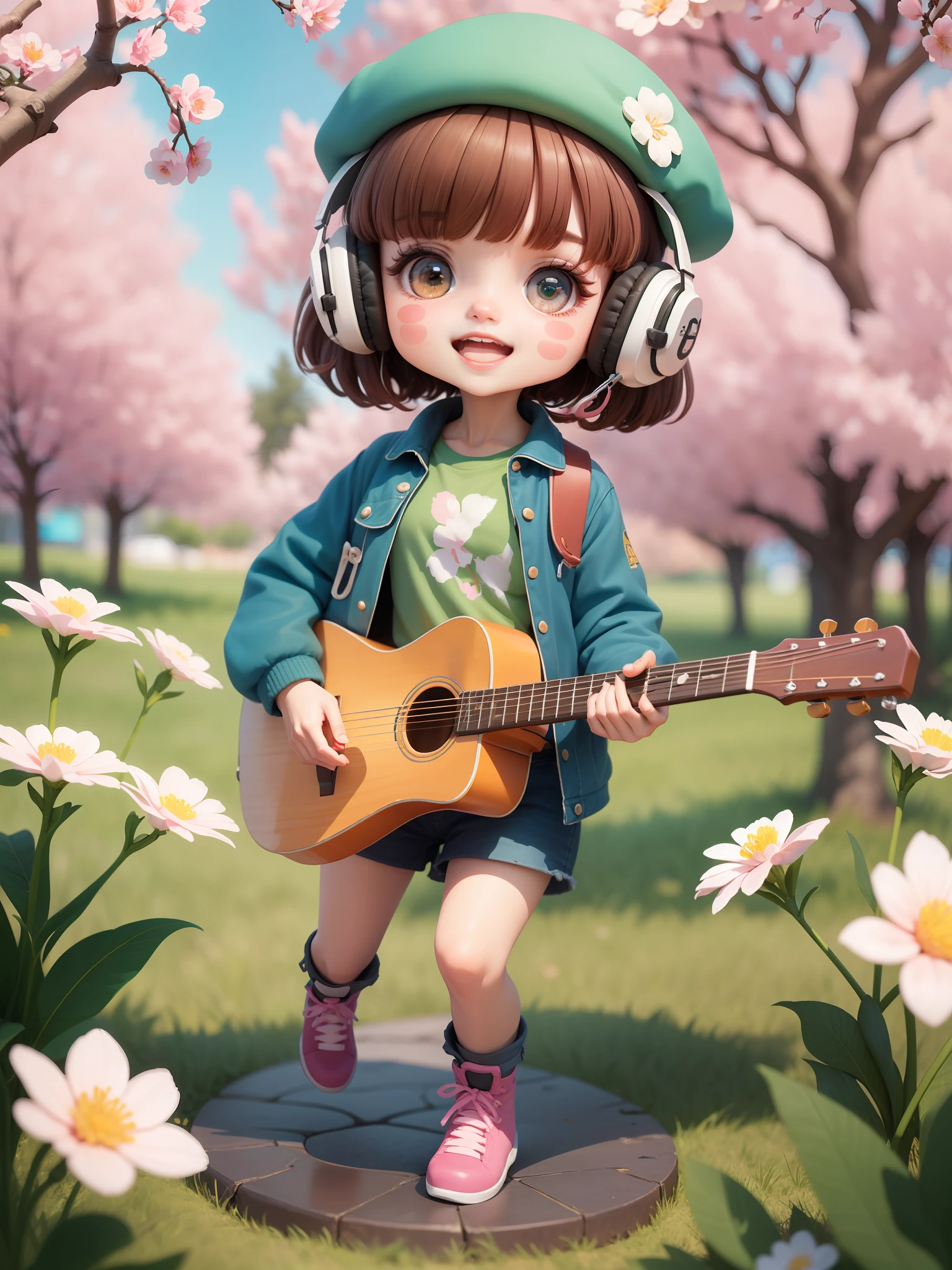(masterpiece),(best quality),(ultra-detailed), (full body:1.2),
1girl,chibi,cute, smile, open mouth,
flower, outdoors, playing guitar, music, beret, holding guitar, jacket, blush, tree, :3, shirt, short hair, cherry blossoms, green headwear, blurry, brown hair, blush stickers, long sleeves, bangs, headphones, black hair, pink flower,
(beautiful detailed face), (beautiful detailed eyes),