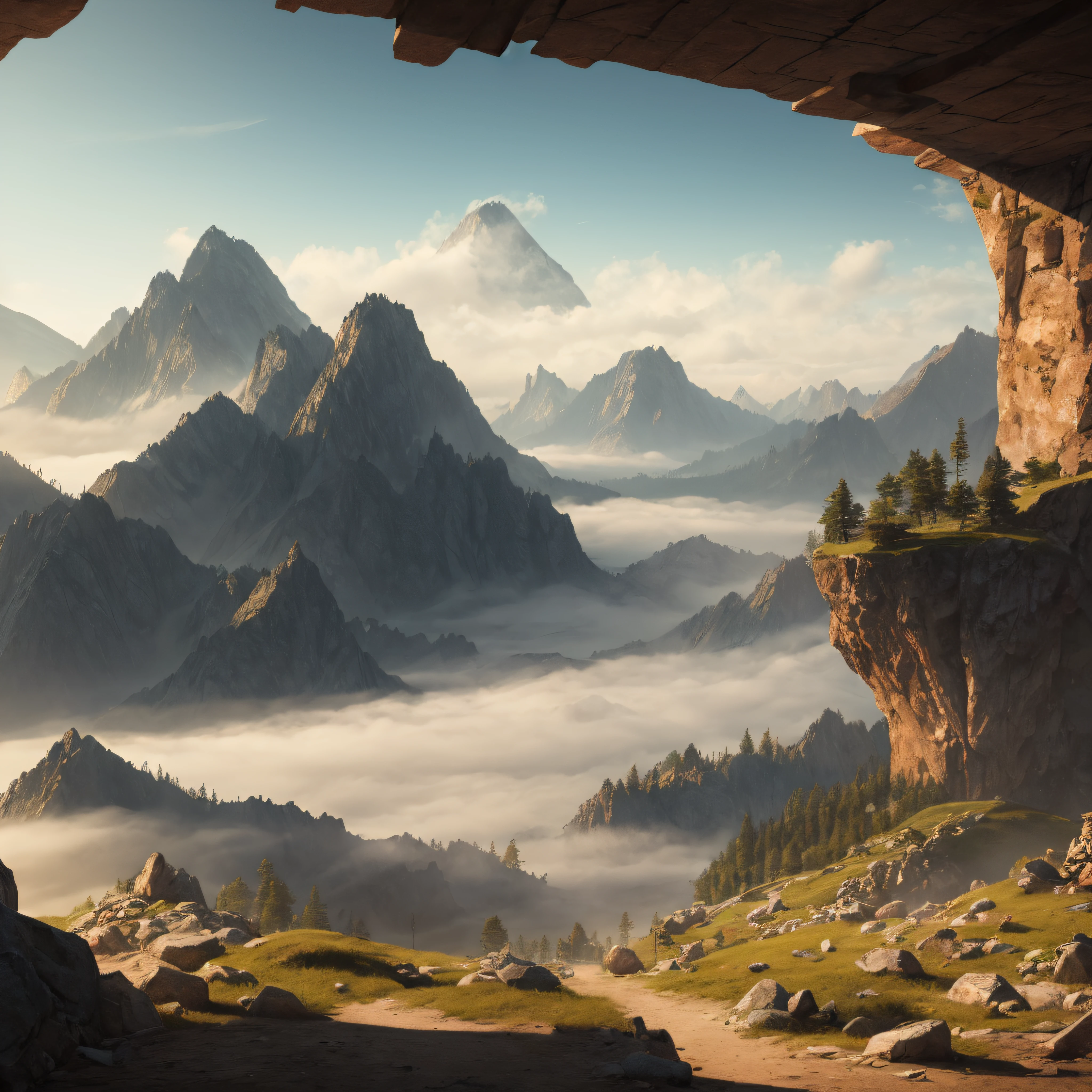 clipart, a misty mountain top, surrounded by a swirling mist, Vermeer style, 12K, high quality, HD, octane render, cinematic lighting, --auto