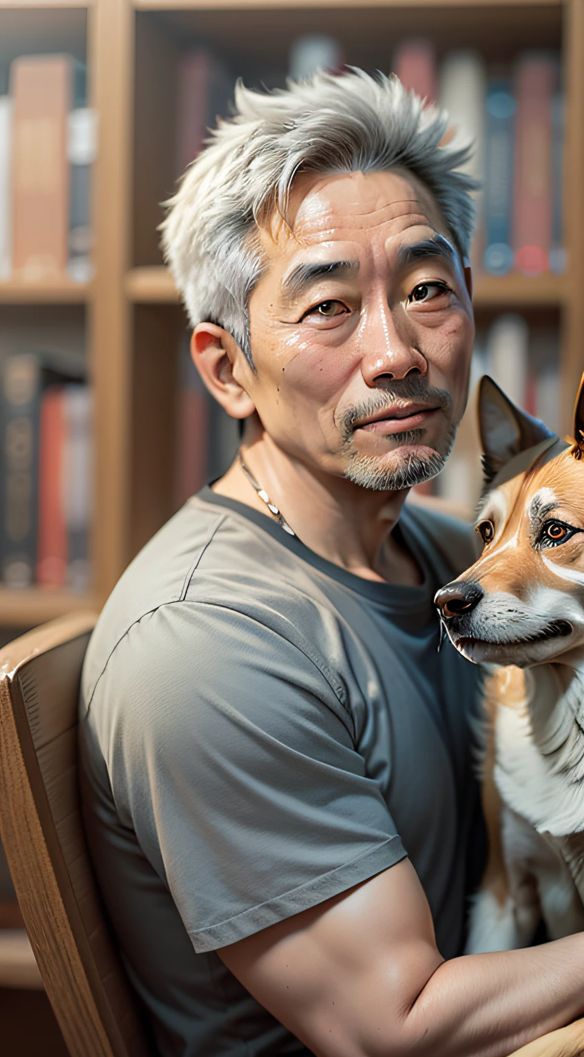 An Asian man, man in his 40s, slightly gray hair, brown eyes, black shirt, sitting in front of a bookcase, holding a dog beside him, 50mm lens portrait, 50mm portrait , old man 50 years old, photo of man, photo taken with sony a7r, portrait shot 8k, taken with sony alpha 1 camera