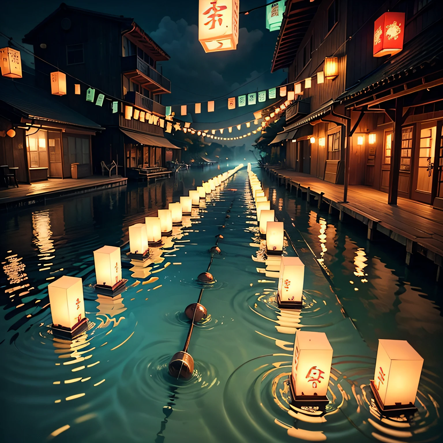 The scroll is soaked in deep water,White paper floats on the surface of the water,Deep blue water,Lanterns float on the water --auto