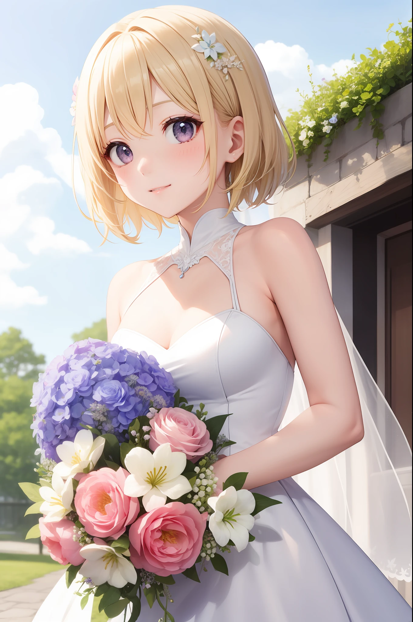 Blonde Shorthair、Pink eyes、sharp eye、weddingdress、chies、flower bouquet、blue-sky