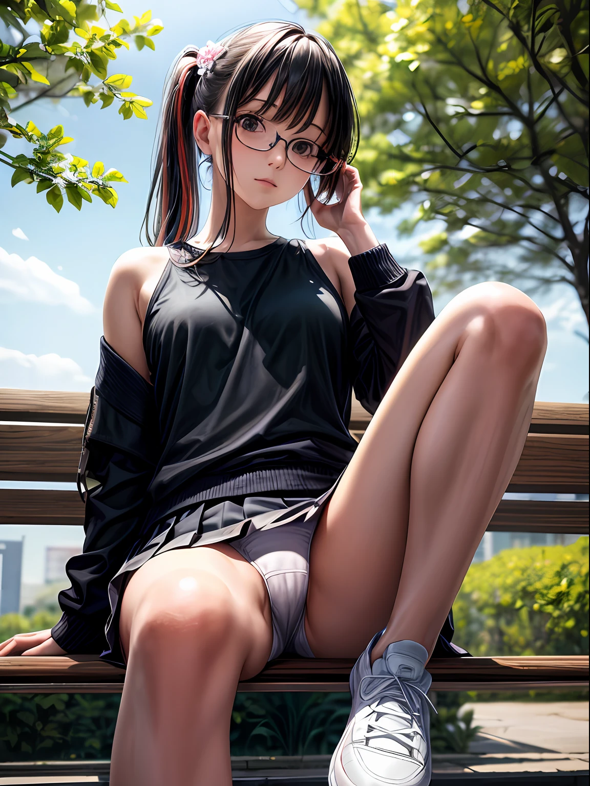 (masterpiece, best quality:1.4), realistic illustration, outdoors, park, from below, 1 mature female, 30 years old, solo, sitting on bench, short checked skirt, white panties, sneakers, glasses, pony tail, looking down at viewer, multicolored hair, gradient hair, flower, hair ornament, bare shoulders, closed mouth, white panties, nice hands, perfect hands,