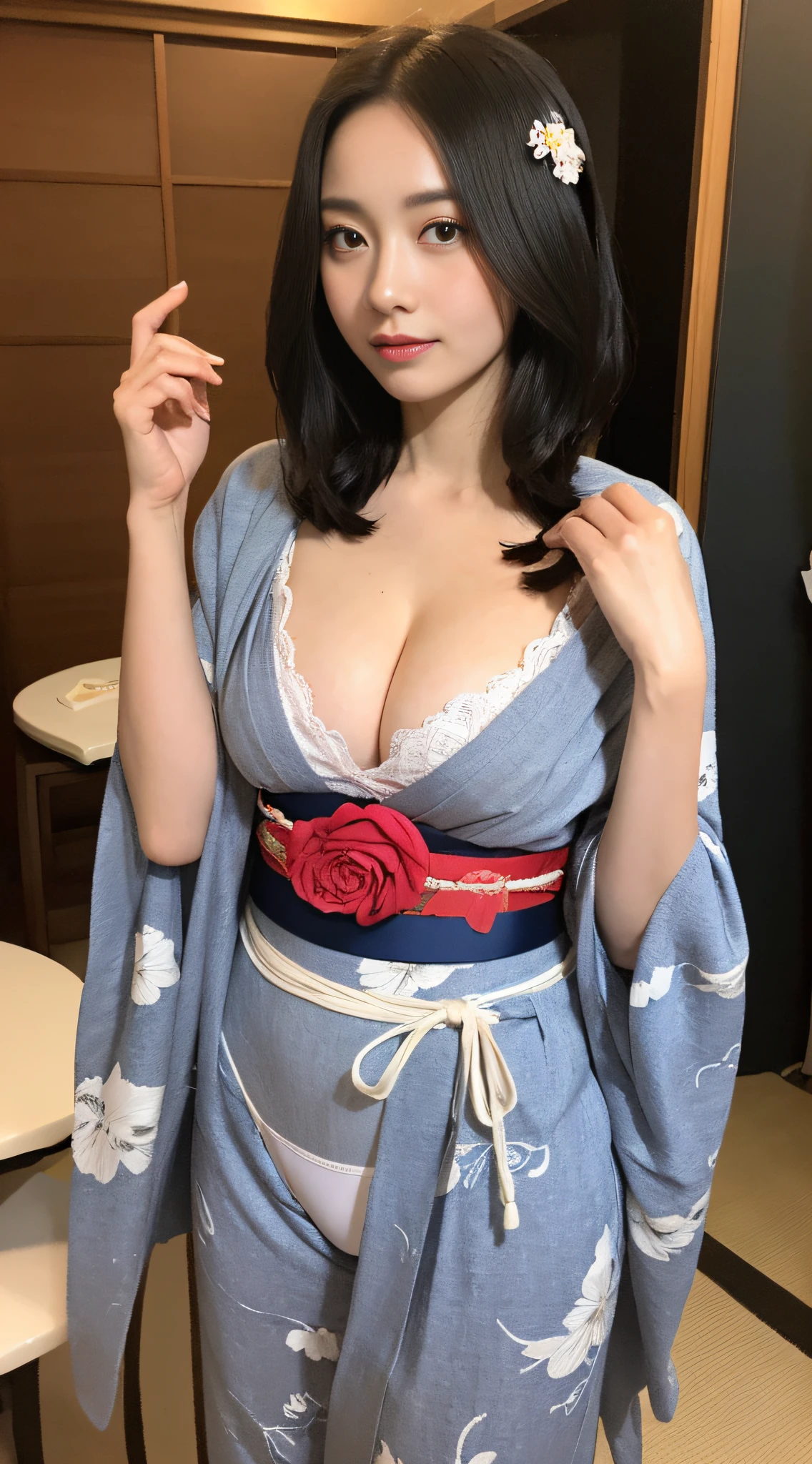 (8K High Quality Masterpiece、1 sexy woman G cup:1.3、Black perspective:1.1、hyperdetailed face、二重まぶた、Transparent underwear、geisha、Geisha Girl、Plump、30-years old、Oiran-hsien、Komono、花魁。Japan hair、Kimono、Kanzashi、Comb。Obi、Holding a lot of kanzashi、Stroking chest、Open legs)、Cosplay、highleg、Comb is stuck in the hair、in the edo era