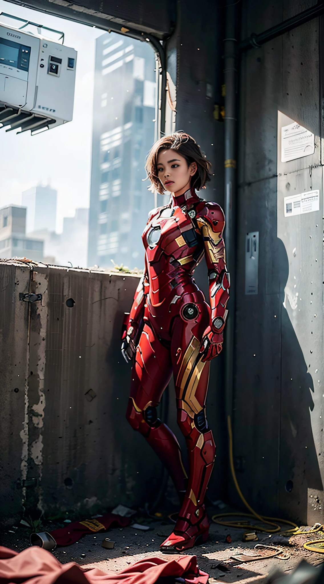 (1girl:1.3), solo,__body-parts__, official art, unity 8k wallpaper, ultra detailed, beautiful and aesthetic, beautiful, masterpiece, best quality, RAW, masterpiece, super fine photo,, best quality, super high Resolution, photorealistic, sunlight, full body portrait, stunningly beautiful,, dynamic pose, delicate face, vibrant eyes, (side view), she is wearing a futuristic Iron Man mech, red and gold, Highly detailed abandoned warehouse background, detailed face, detailed complex busy background, messy, gorgeous, milky, high detailed skin, realistic skin details, visible pores, sharp focus, volumetric fog, 8k uhd, dslr camera, High quality, film grain, fair skin, photorealism, lomography, sprawling metropolis in a futuristic dystopia, view from below, translucent