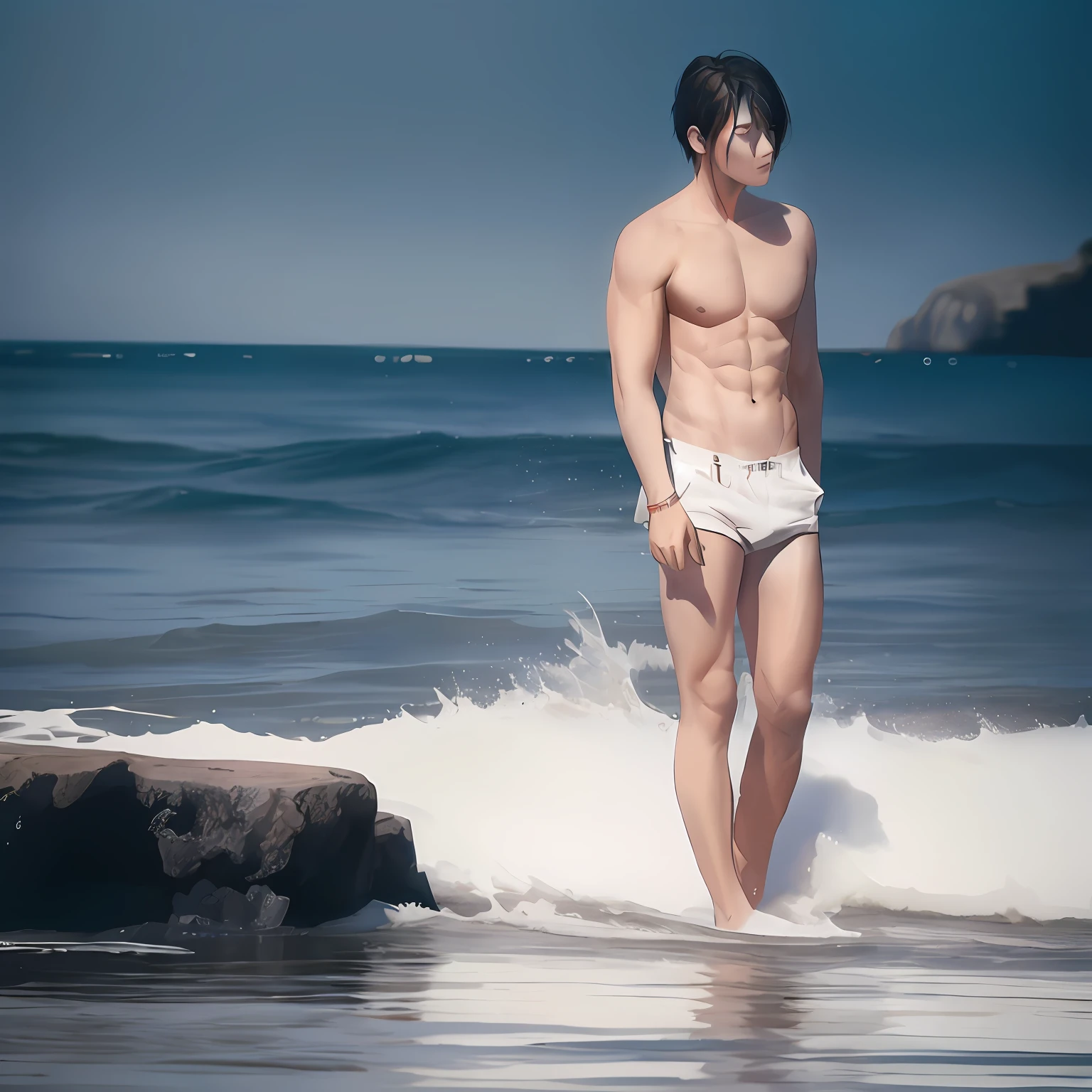 There is a man standing on a surfboard in the water, posing on a beach with the ocean, Male model, on the ocean water, posing on the beach, Have by the sea, South Korean male, in the beach, coming out of the ocean, inspired by Kim Eung-hwan, inspired by Adam Dario Keel, beach pic, inspired by Kim Hwan-gi，Change to the facial expression of the underworld boss