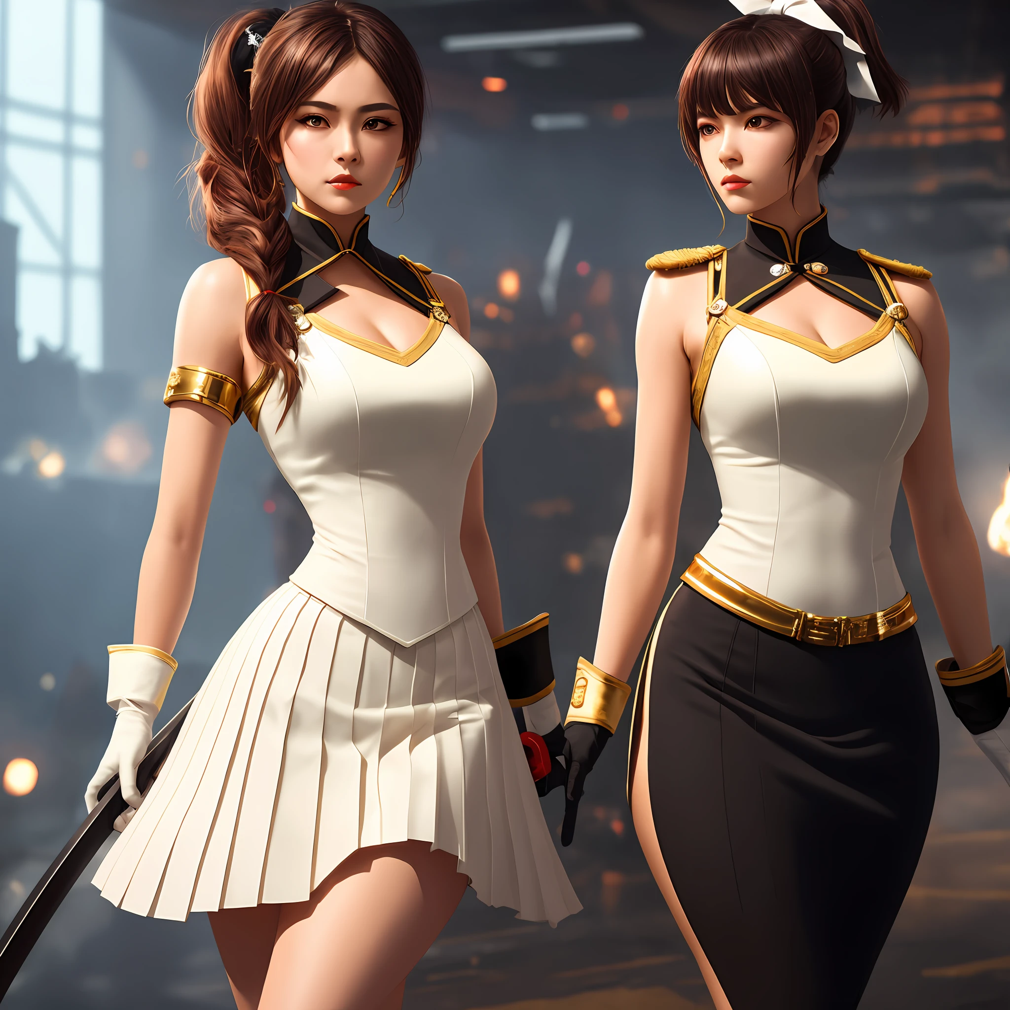 1girll,cabelos preto e longos,Qi bangs,Long ponytail,White bow hairpin,red pupils,beauitful face,crisp breasts,Convex buttocks,White tight military uniform,Gold clasp,White pleated skirt,black lence stockings,White gloves,Japanese katana in hand,There are battleships in the background,perfectly proportioned, Cinematic lighting, filmgrain, Fuji colors, lightand shade contrast, 8K, 巨作, Textured skin, Super detail, high detal, High quality, A high resolution,