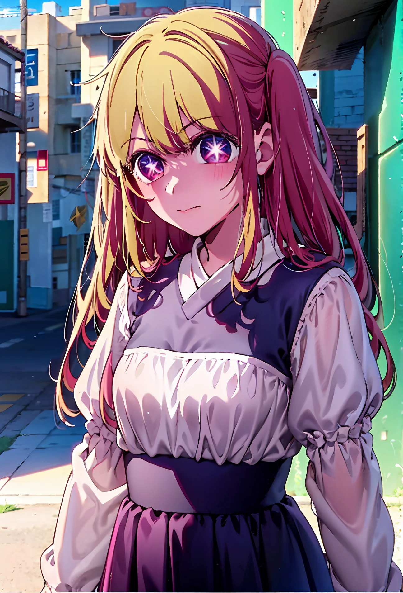 A girl with,There is a five-pointed star in the eye,Long yellow hair,校服,looki at viewer,8K,the street,photographed,Red pupils,Small chest
