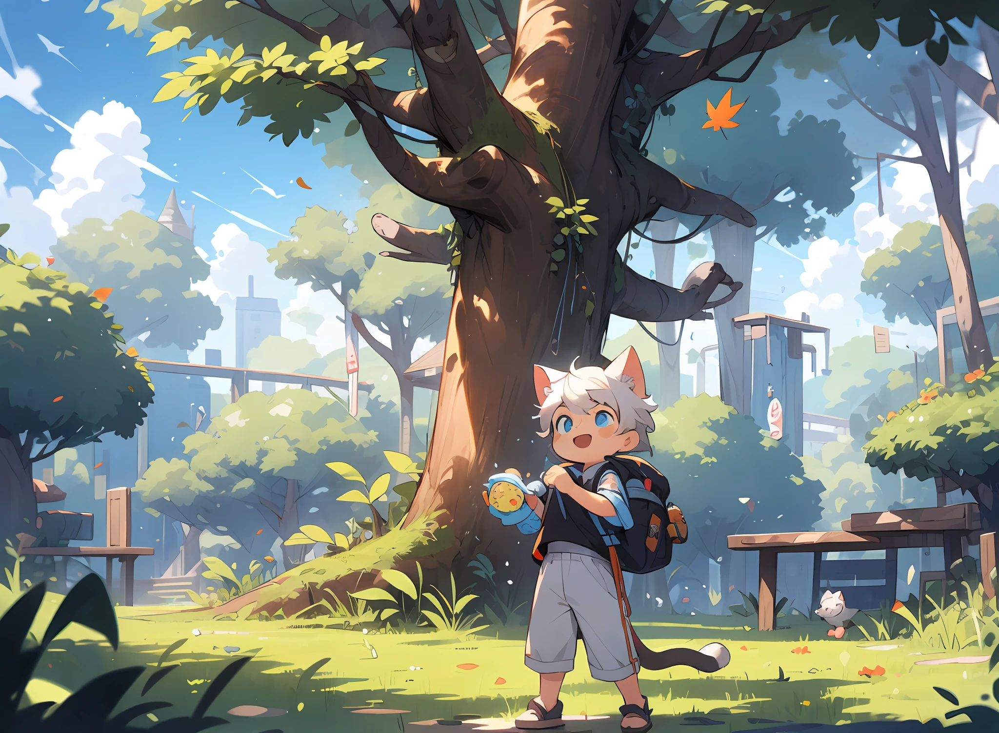 three fourths view,Shota,Black and white hair,toddlers,Blue eyes,cat ear ,a cat tail, adolable, standing on your feet, Master masterpieces, A high resolution,8K,detailedbackground,high high quality,Libido boy,独奏,shorter pants,grassy fields,baiyun,florals,falling leaf,Happy expression,The tree