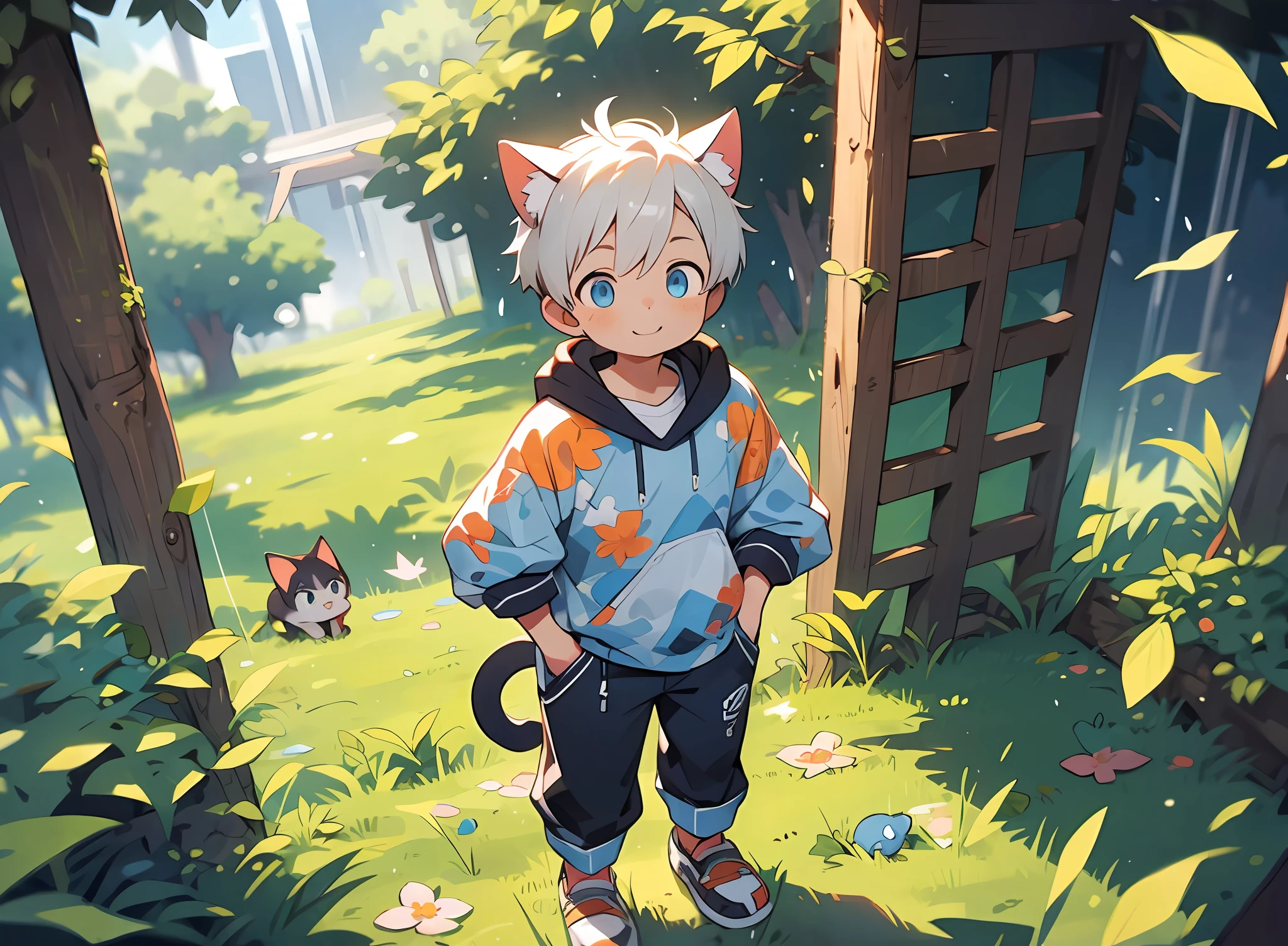 three fourths view，Shota，Black and white hair，toddlers，Blue eyes，cat ear ，a cat tail， adolable， standing on your feet， Master masterpieces， A high resolution，8K，detailedbackground，high high quality，Libido boy，独奏，shorter pants，grassy fields，baiyun，florals，falling leaf，Happy expression，The tree