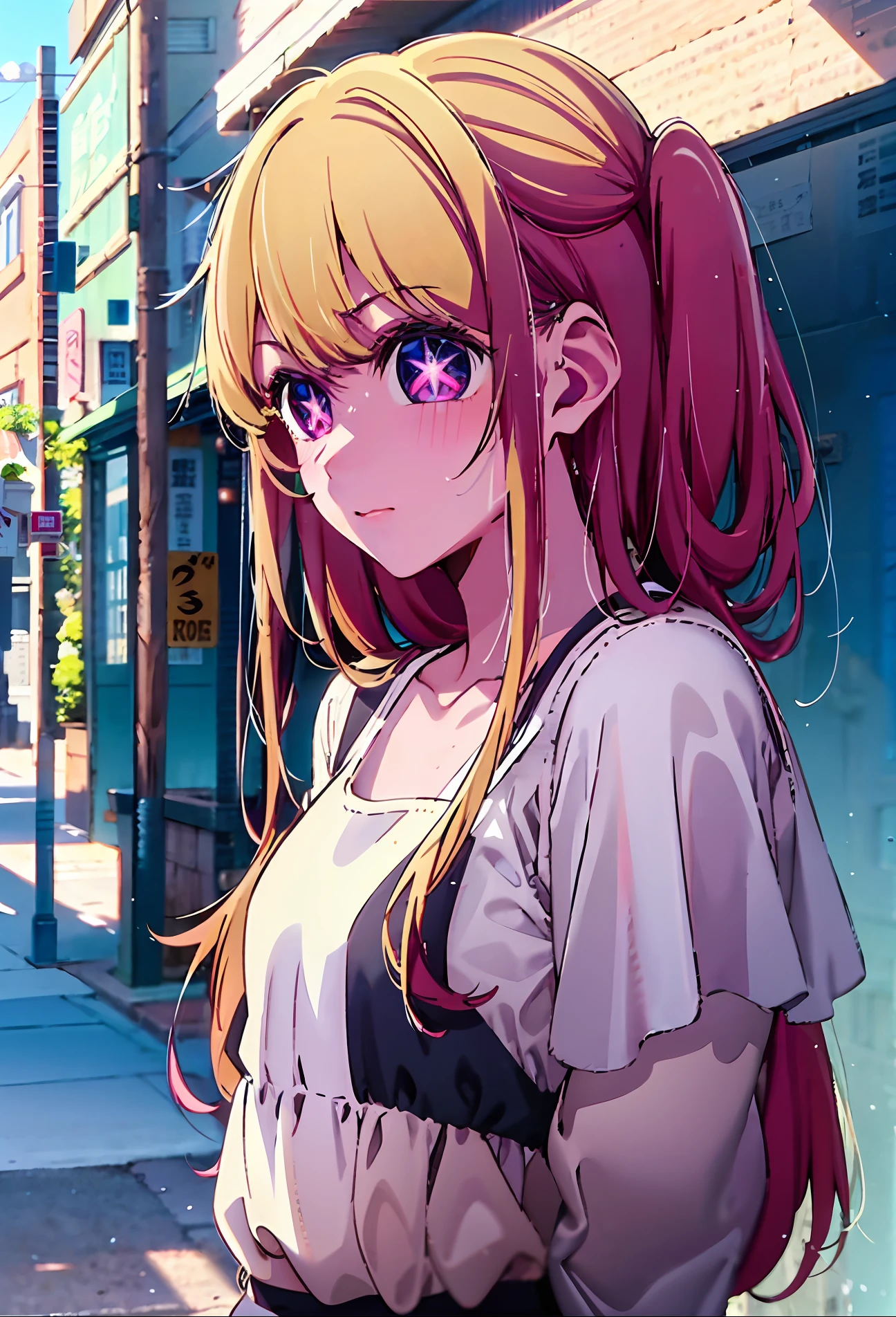 A girl with，There is a five-pointed star in the eye，Long yellow hair，校服，looki at viewer，8K，the street，photographed，Red pupils，Small chest