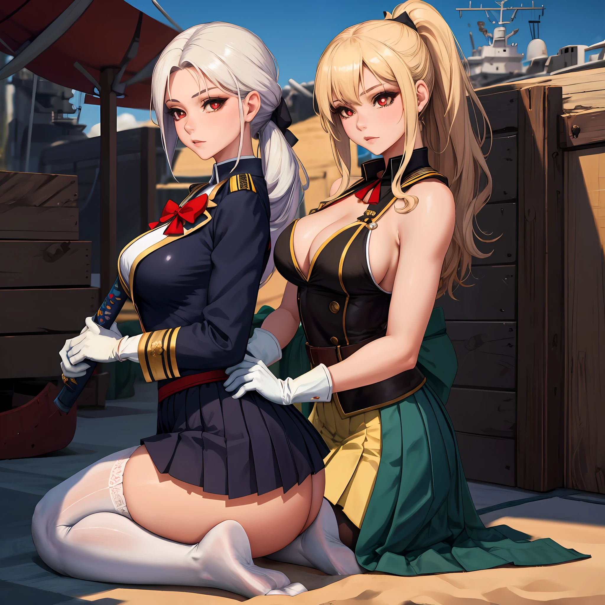 1girll,cabelos preto e longos,Qi bangs,Long ponytail,White bow hairpin,red pupils,beauitful face,crisp ,Convex buttocktight military uniform,Gold clasp,White pleated skirt,black lence stockings,White gloves,Japanese katana in hand,beachside,Naval warships,perfectly proportioned, Cinematic lighting, filmgrain, Fuji colors, lightand shade contrast, 8K, 巨作, Textured skin, Super detail, high detal, High quality, A high resolution,