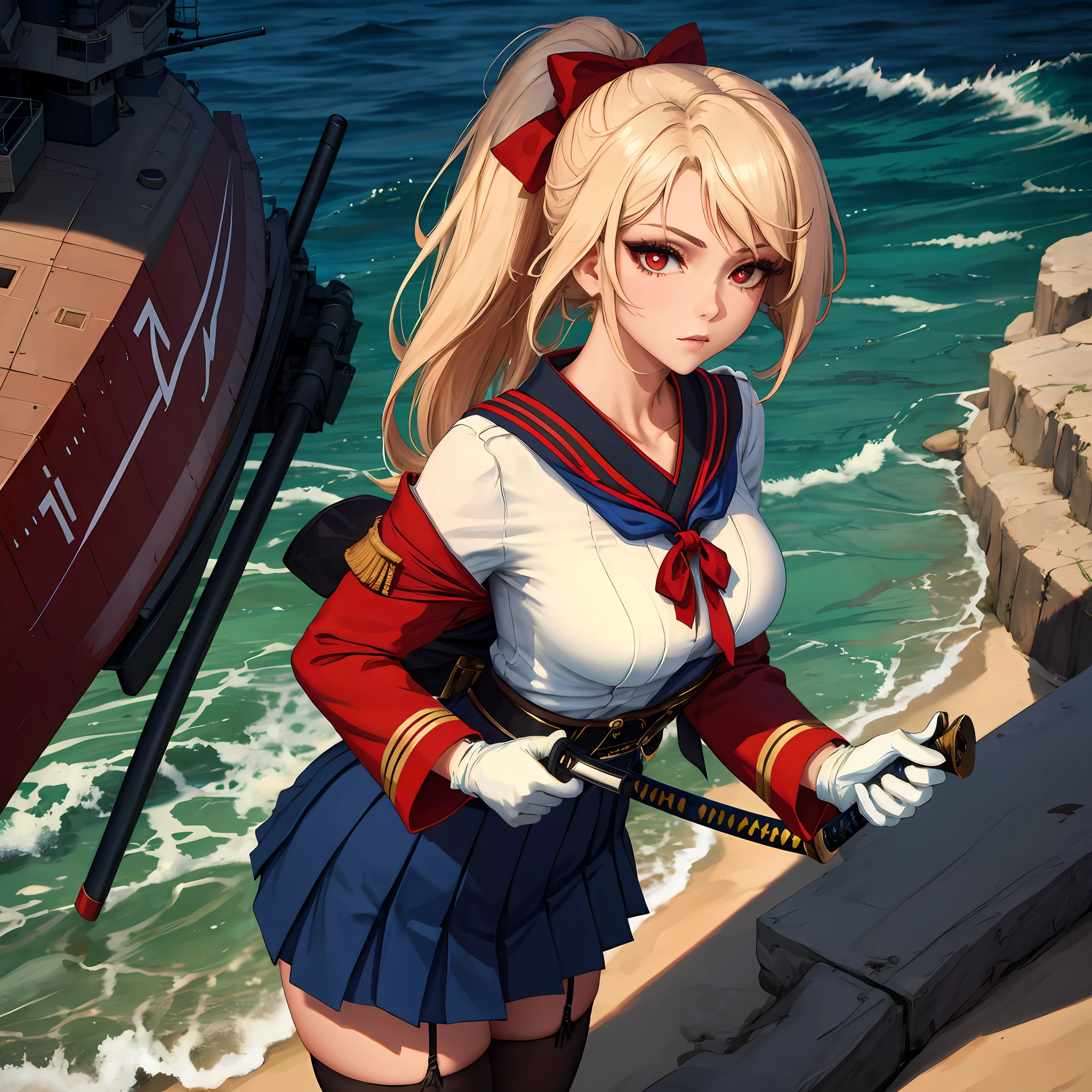 1girll，cabelos preto e longos，Qi bangs，Long ponytail，White bow hairpin，red pupils，beauitful face，crisp breasts，Convex buttocks，White tight military uniform，Gold clasp，White pleated skirt，black lence stockings，White gloves，Japanese katana in hand，beachside，Naval warships，perfectly proportioned, Cinematic lighting, filmgrain, Fuji colors, lightand shade contrast, 8K, 巨作, Textured skin, Super detail, high detal, High quality, A high resolution,