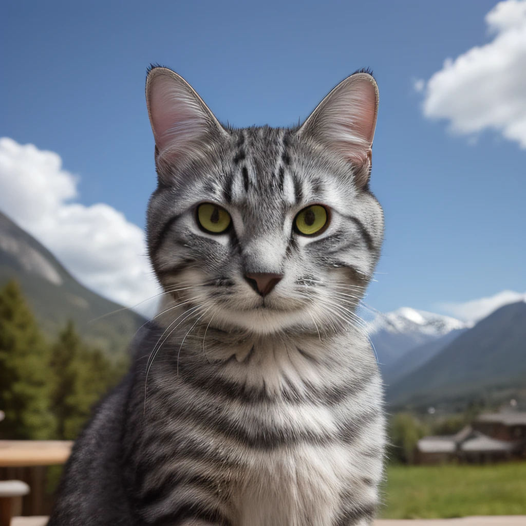 masterpiece, best quality, realistic, arcibaldocat, a cat sitting on a table, perfect eyes, upper body, sky background, mountains, trees, bloom, extremely detailed, cinematic lighting, (4k, hyper detailed), Global Illumination, (film grain:0.9), cute, best quality, DSLR, 24 Megapixels, Full Frame, , intense angle, masterpiece, portrait wallpaper