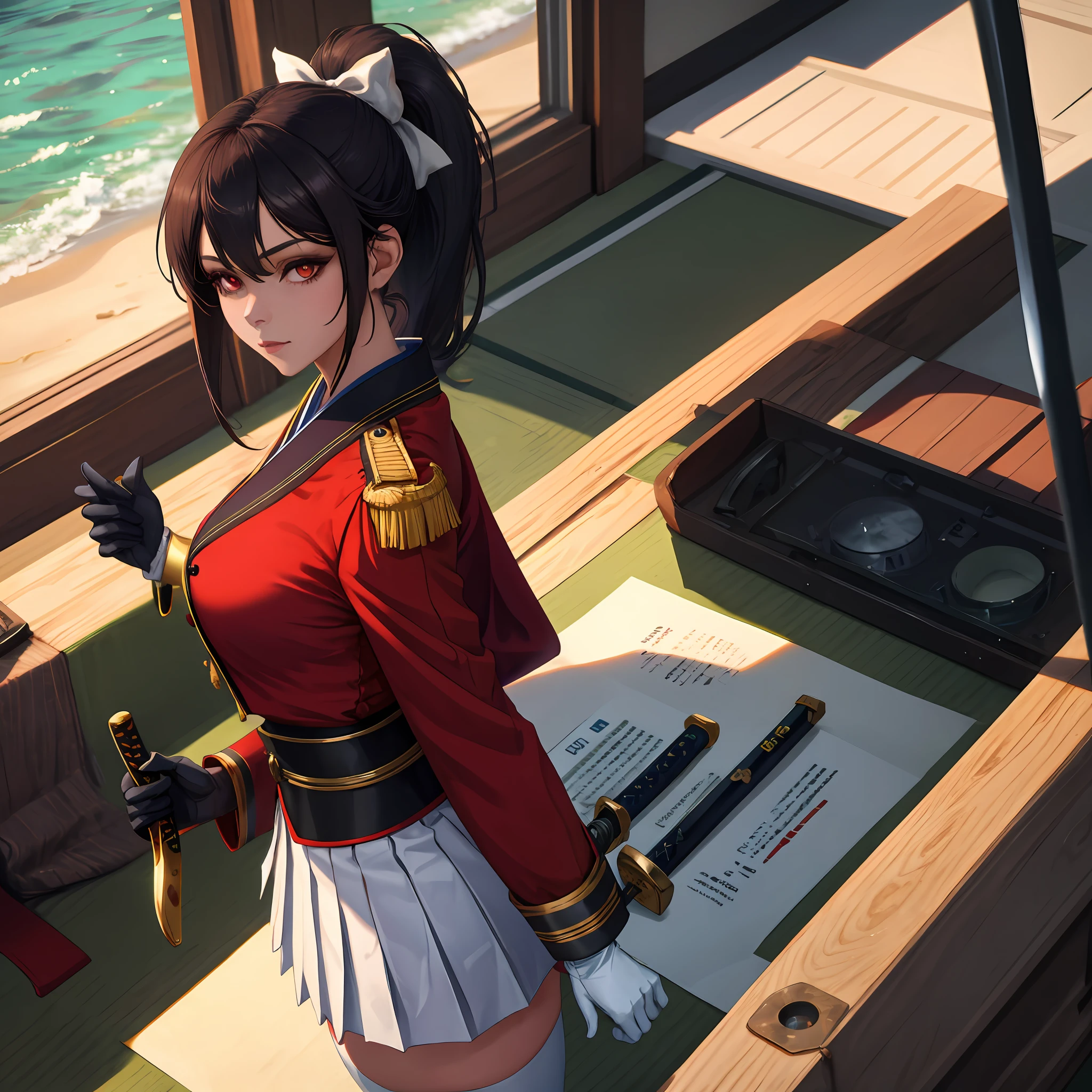 1girll，cabelos preto e longos，Qi bangs，Long ponytail，White bow hairpin，red pupils，beauitful face，crisp breasts，Convex buttocks，White tight military uniform，Gold clasp，White pleated skirt，black lence stockings，White gloves，Japanese katana in hand，beachside，Naval warships，perfectly proportioned, Cinematic lighting, filmgrain, Fuji colors, lightand shade contrast, 8K, 巨作, Textured skin, Super detail, high detal, High quality, A high resolution,