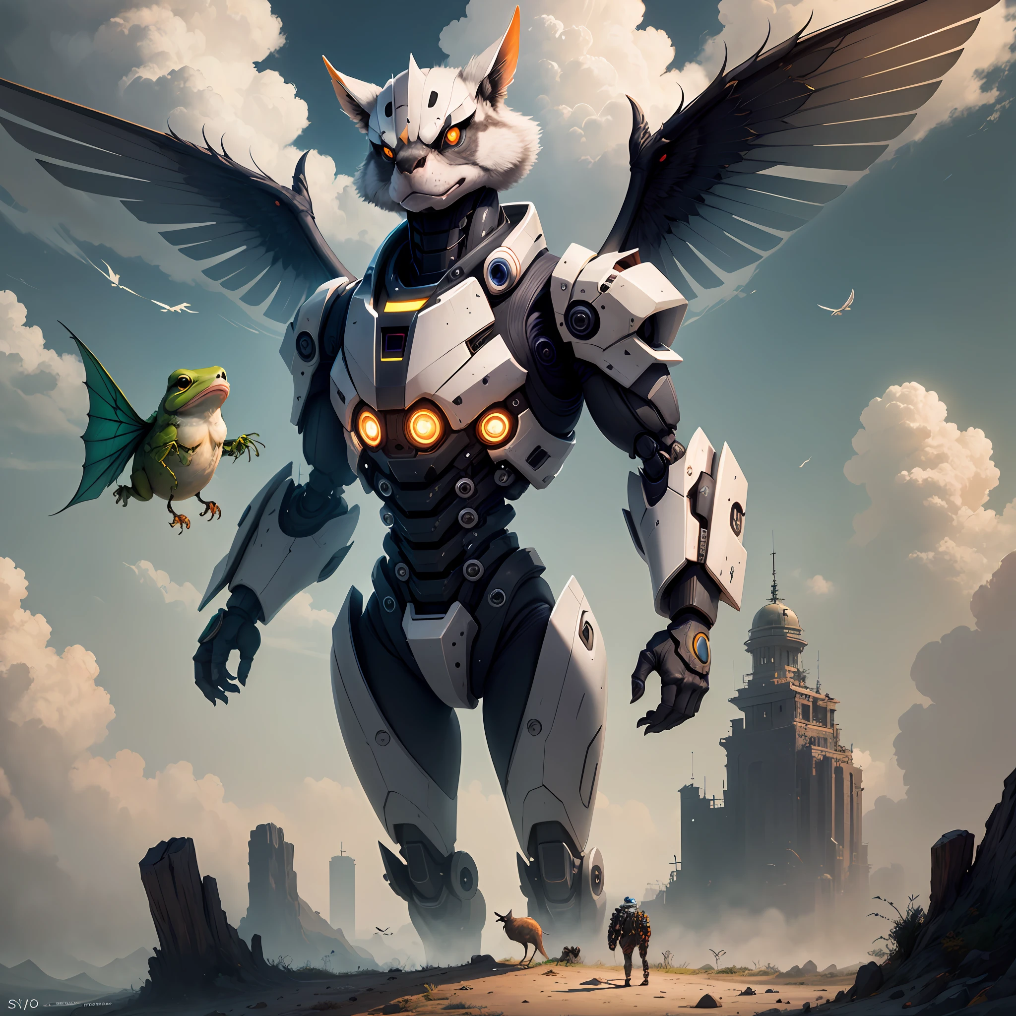 critters,drak,wings,largeeyes,Croak,coda,Gray all over,Skysky,Clouds,8K,mechs,