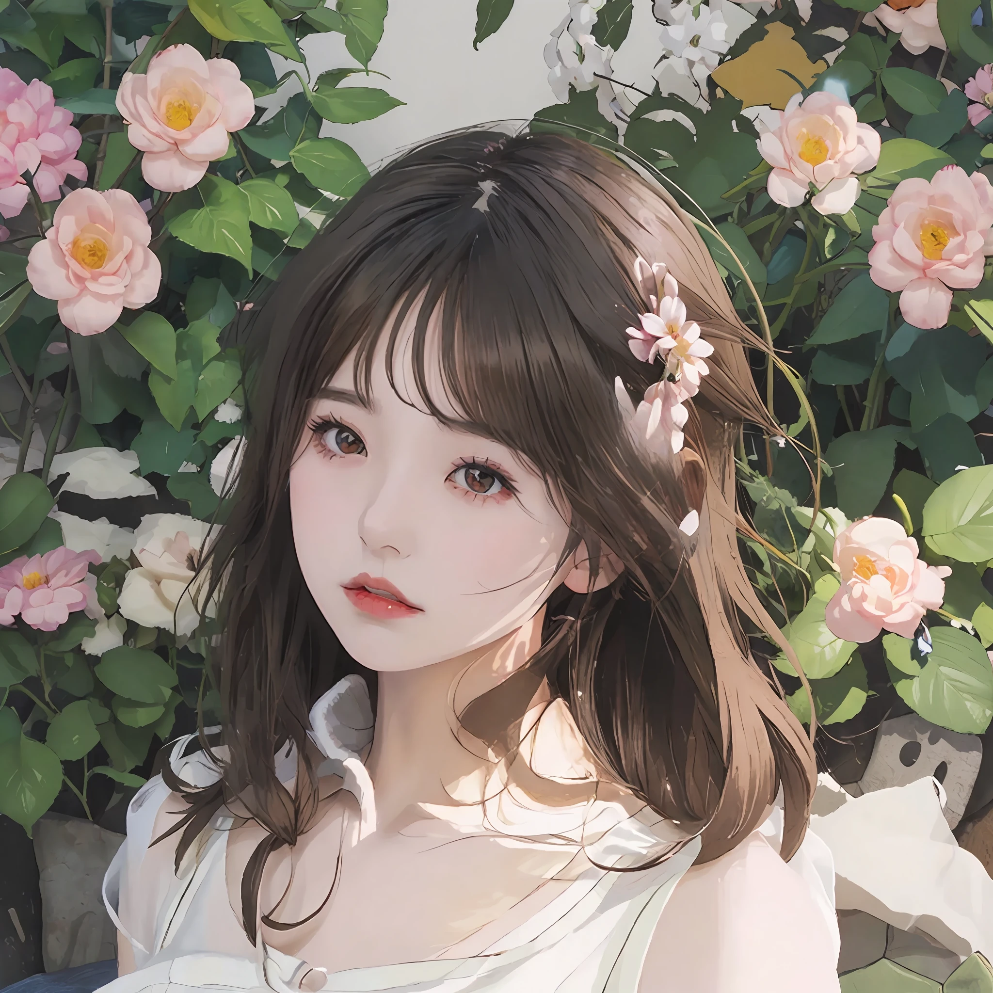 anime girl with flowers in her hair and a white dress, Guviz-style artwork, Guviz, a beautiful anime portrait, Digital anime illustration, Beautiful anime style, Soft anime illustration, guweiz masterpiece, Beautiful character painting, Cute detailed digital art, in the art style of bowater, Beautiful anime girl, lovely art style