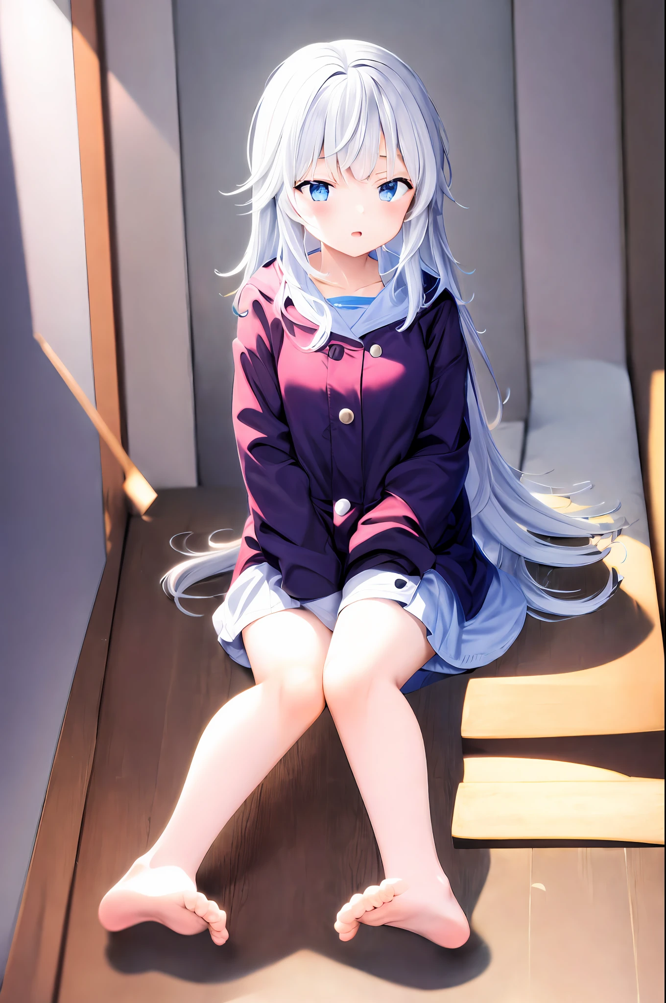 teens girl，blue colored eyes，long  white hair，starrysky，Short light blue skirt，Light blue top，White trench coat，