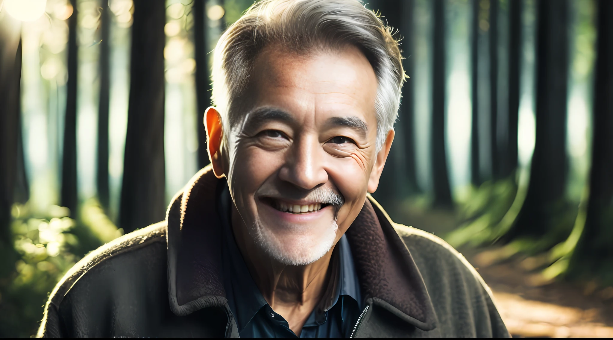 close-up shot of smiling elderly man, very handsome in the woods, soft volumetric lights (backlight: 1.3), (Cinematics: 1.2), intricate detail (art season: 1.3), Rutkowski