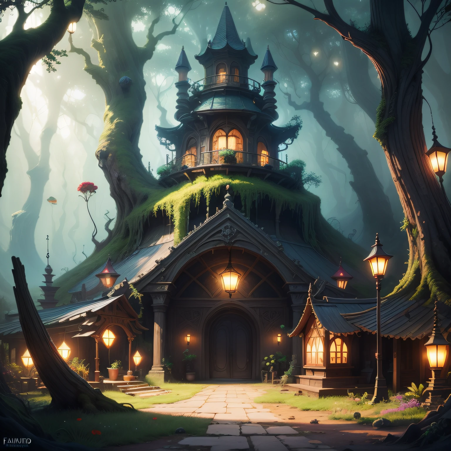 uma pintura de uma floresta, ((with an ancient tree in the center)), open area with vivid red mushrooms, ((flores roxas pequenas)) paisagem de floresta de fantasia, floresta de fantasia, arte conceitual colorida, Arte de fantasia 4k, fantasy tree, paisagem de arte de fantasia, magic fantasy forest, fantasy magical vegetation, ambiente de floresta de fantasia, enchanted and magic forest, floresta de fantasia encantada, magical concept art, estilo de arte de fantasia, Pintura digital de fantasia, Arte de fantasia 8k --auto
