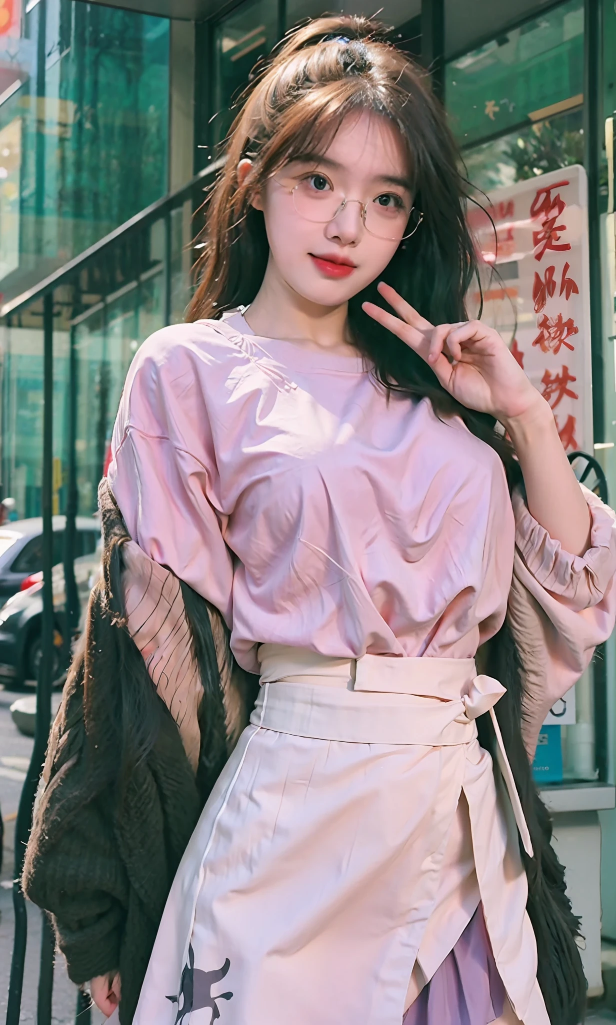 ulzang-6500-v1.1,(RAW photogr:1.2), (Photorealistic:1.4), Beautiful Meticulous Girl, Very detailed eyes and face, Beautiful detailed eyes, absurderes, unbelievable Ridiculous, hugefilesize, ultra - detailed, A high resolution, The is very detailed，best qualtiy，tmasterpiece，，illustratio，The is very detailed，CG，unified，8k 壁纸，Amazing，finely detailled，tmasterpiece，best qualtiy，greatly detailed的 CG unified 8k wallpapers，light in face，cinmatic lighting, 1girll, 16 years old,Long white hair，lateral division，(large tities)，((No panties))，(wears glasses)，(((dynamicposes)))，(((sexyposture)))，(Half-body)，((White pantyhose))，(((Apricot skirt wrapped around hips)))，White color blouse
