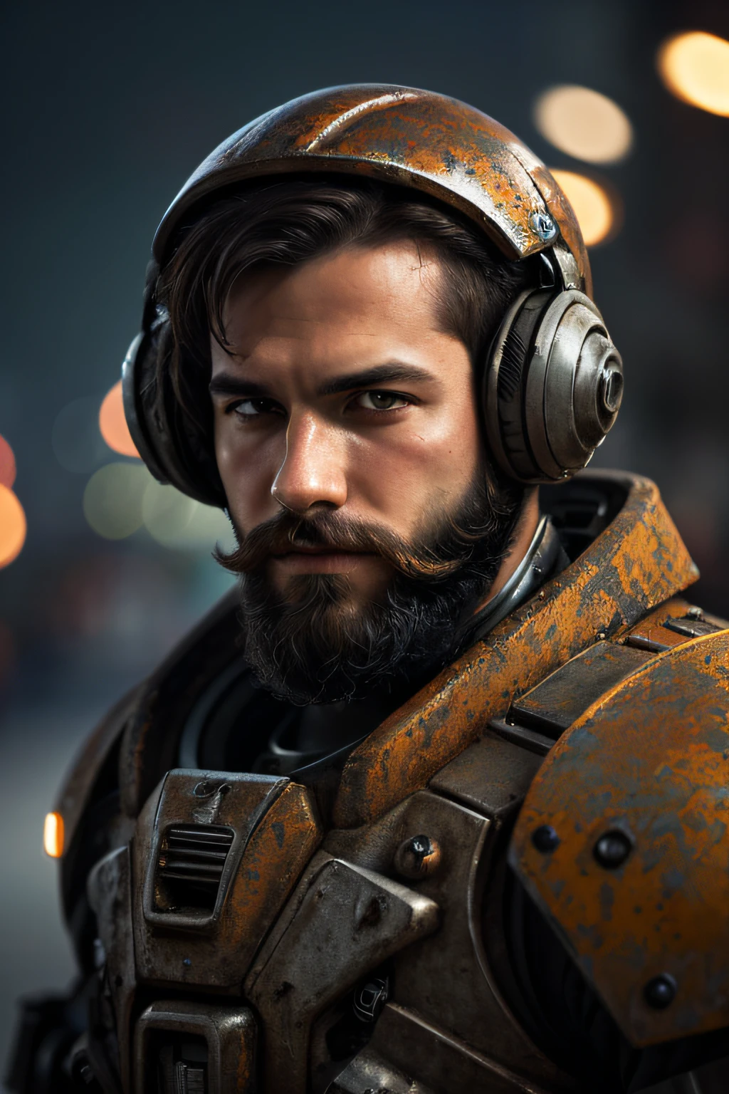 Portrait photo of muscular bearded guy in a worn mech suit, ((light bokeh)), intricate, (steel metal [rust]), elegant, sharp focus, photo by greg rutkowski, soft lighting, vibrant colors, masterpiece, ((streets)), detailed face