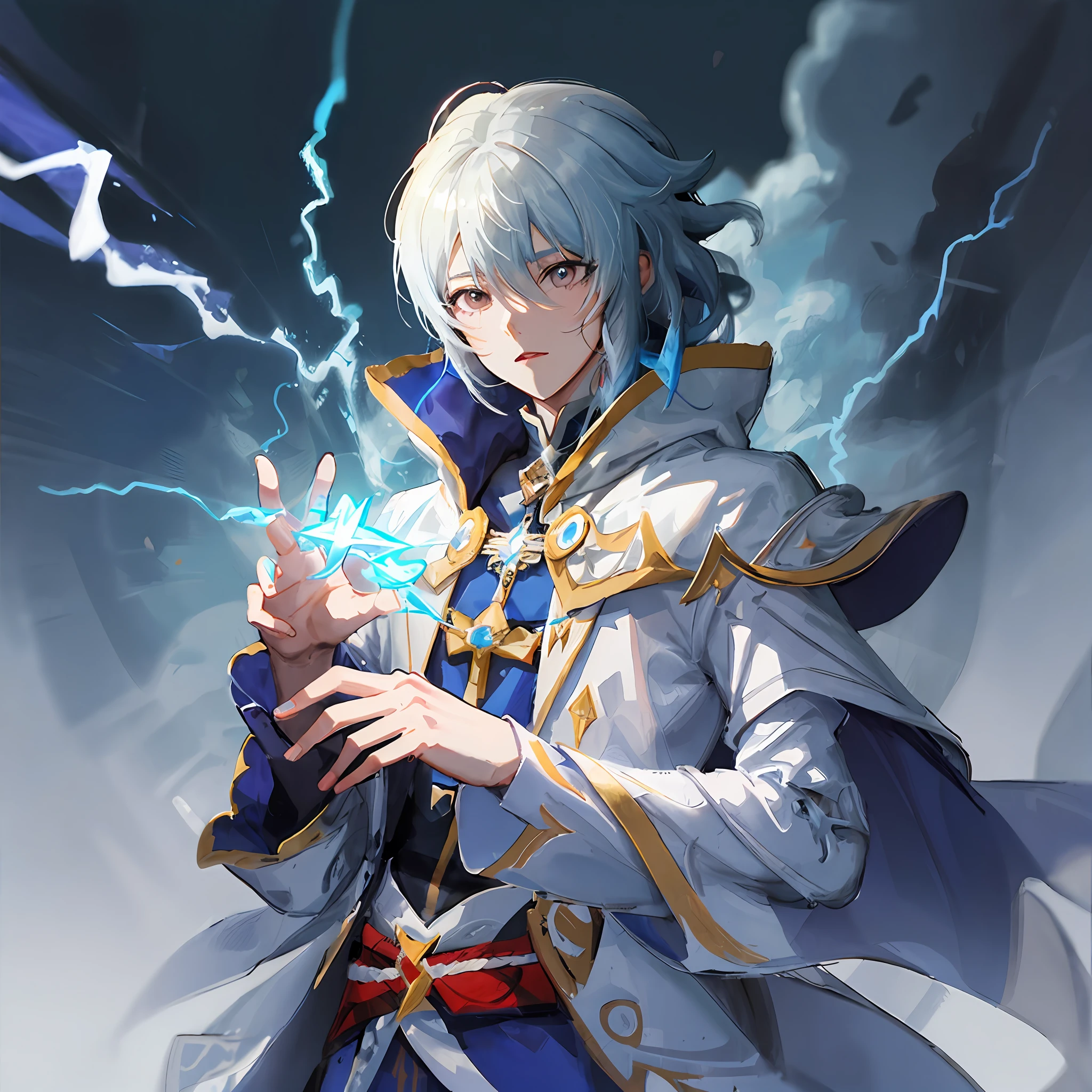 anime figure，Lightning bolt in hand，Draped in a black cloak, casimir art, Genshin impact's character, portrait of merlin, he is casting a lighting spell, picture of a male cleric, shigenori soejima illustration, portrait of a mage, maya ali as a lightning mage, white-haired god，Black and gold dress，preparing to fight