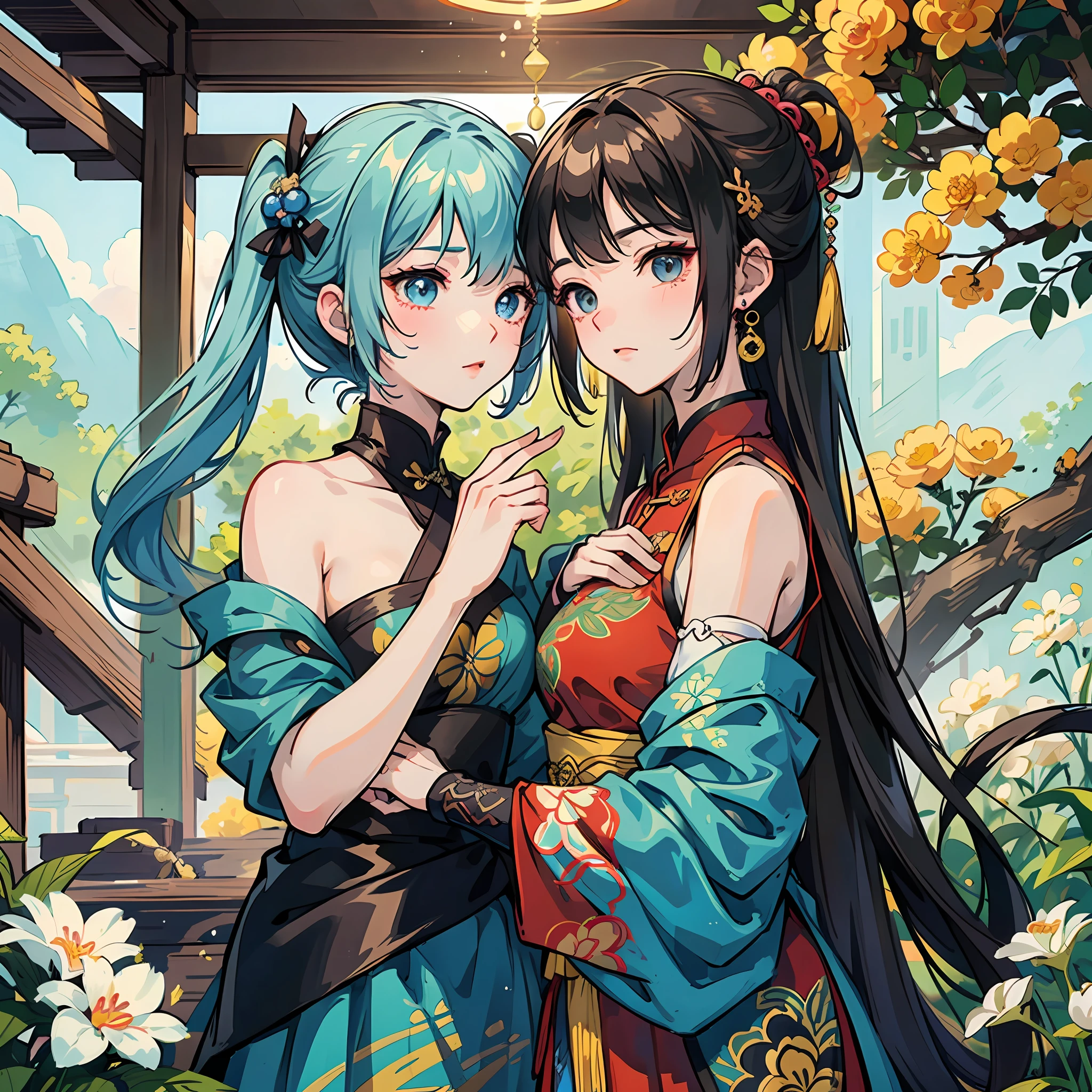Two anime girls, Middle Metaverse, inspired by Zhang Wo, Inspired by Seki Dosheng, Inspired by Song Maojin, inspired by Huang Gongwang, Chiba Yuda, An anime cover ,sweet osmanthus,Hanfu,on cheongsam,Shawl ,((zentangle)),Chest to chest,Girly curve,sweet osmanthus,Metal jewelry,Rich,jewely,Pedras preciosas,puss