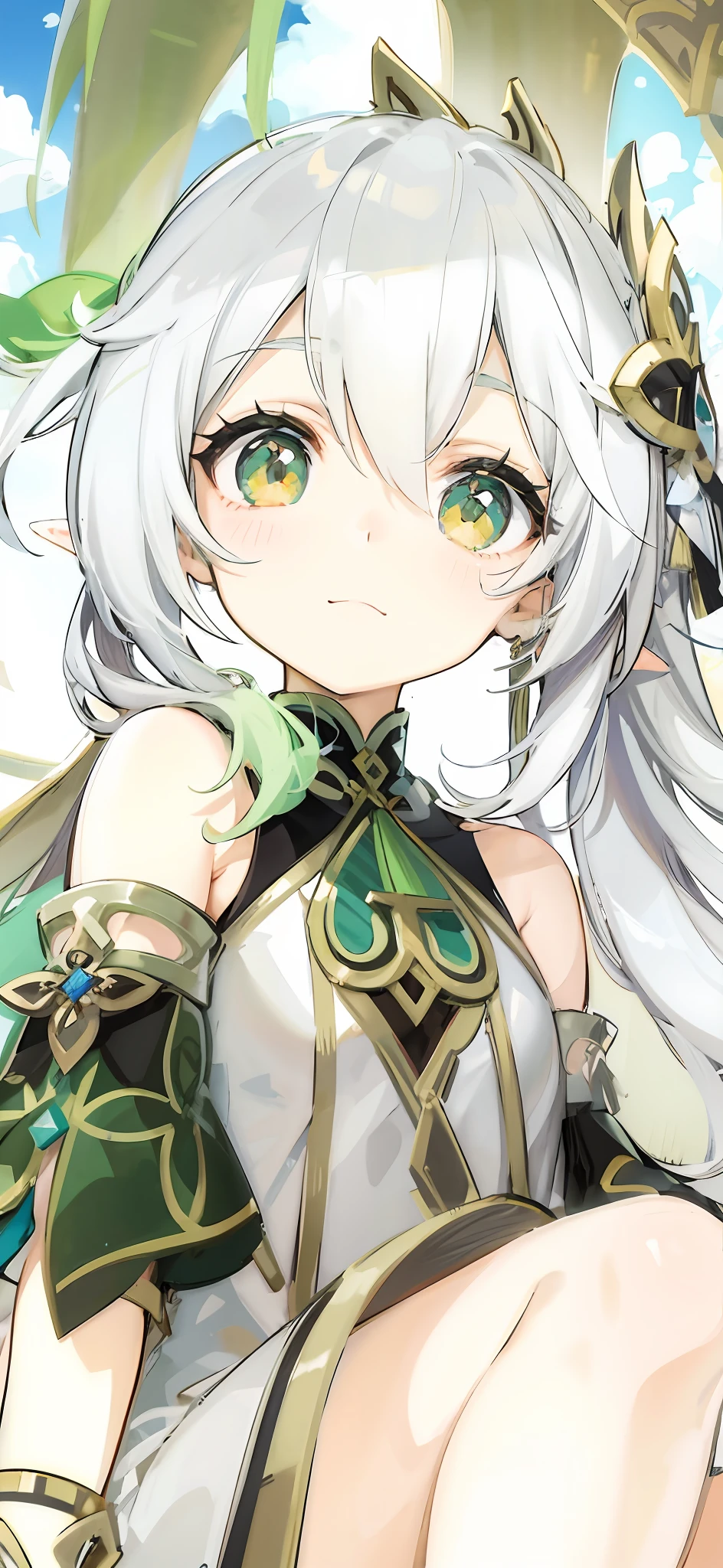 Close-up of a man with long hair and green eyes, Ayaka Genshin impact, anime visual of a cute girl, she has white eyes!!!, she has elf ears and gold eyes, White-haired god, ayaka game genshin impact, rogue anime girl, Keqing from Genshin Impact, Detailed key anime art, Anime goddess, Elf Girl