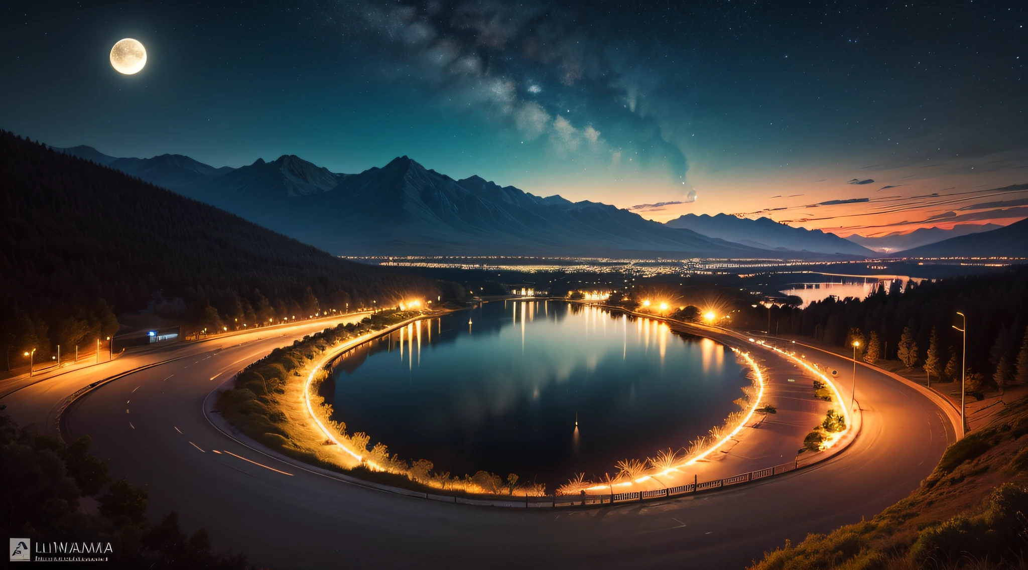 Noite muito estrelada. Uma lua atras das montanhas. Um lago tranquilo refletindo a noite. Cena realista, detalhada, fotorealismo, 8k - --auto