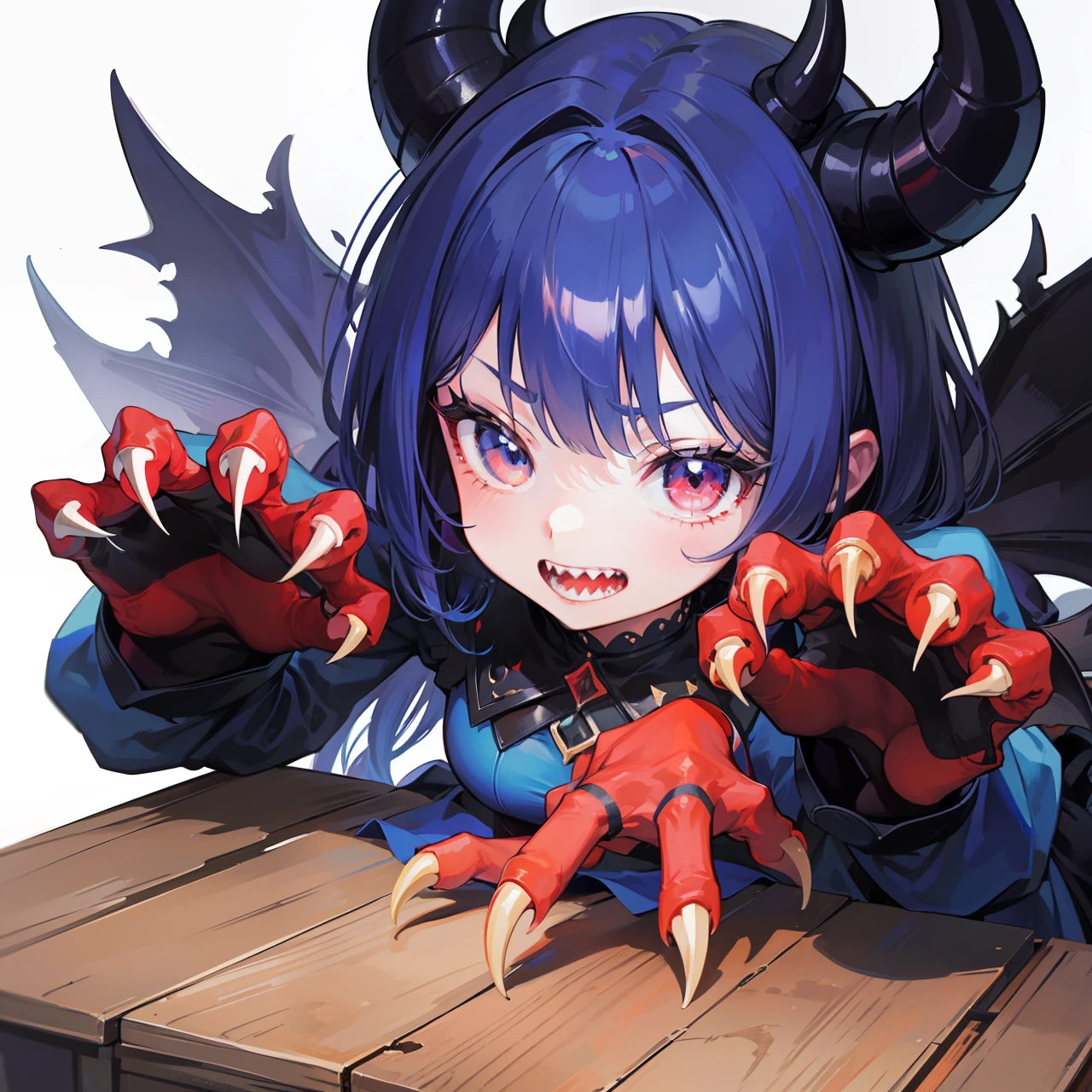 Splash art, cute demon girl, demon wings, sharp teeth, cute blue summer dress, showing claw hands pose, with small red claws on fingers, ((perfect hands)), looking to viewer, standing on wooden table, fighting pose, stunning beauty, [[chibi]], close-up, focus on hands, muted colors, deep shadows, trending on Pixiv, 4k