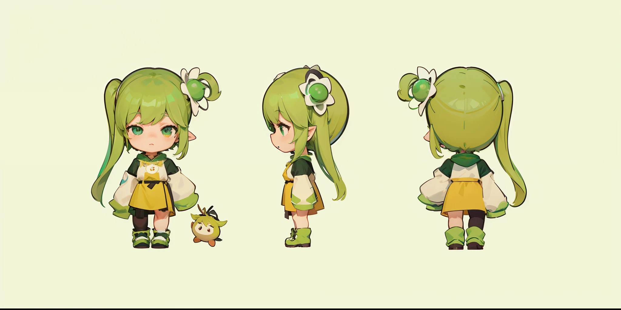 Blind box toy style，IP image three-dimensional，Green is the dominant color，Chubby body， Two-headed villain，（（8k，best qualtiy）））1 Young girls， Role table，Three View， concept-art， full bodyesbian， （Best images：1.2）， （best qualtiy：1.3），A cartoon character with green hair and a girl in a green dress, [ Character design ], character art of maple story, the elf, cute character, Game character design, Character design, style of maple story, sprite 2 d, Anime Stylization, pixie character, character is in her natural pose, very stylized character design, video game characters designs, character turnaround