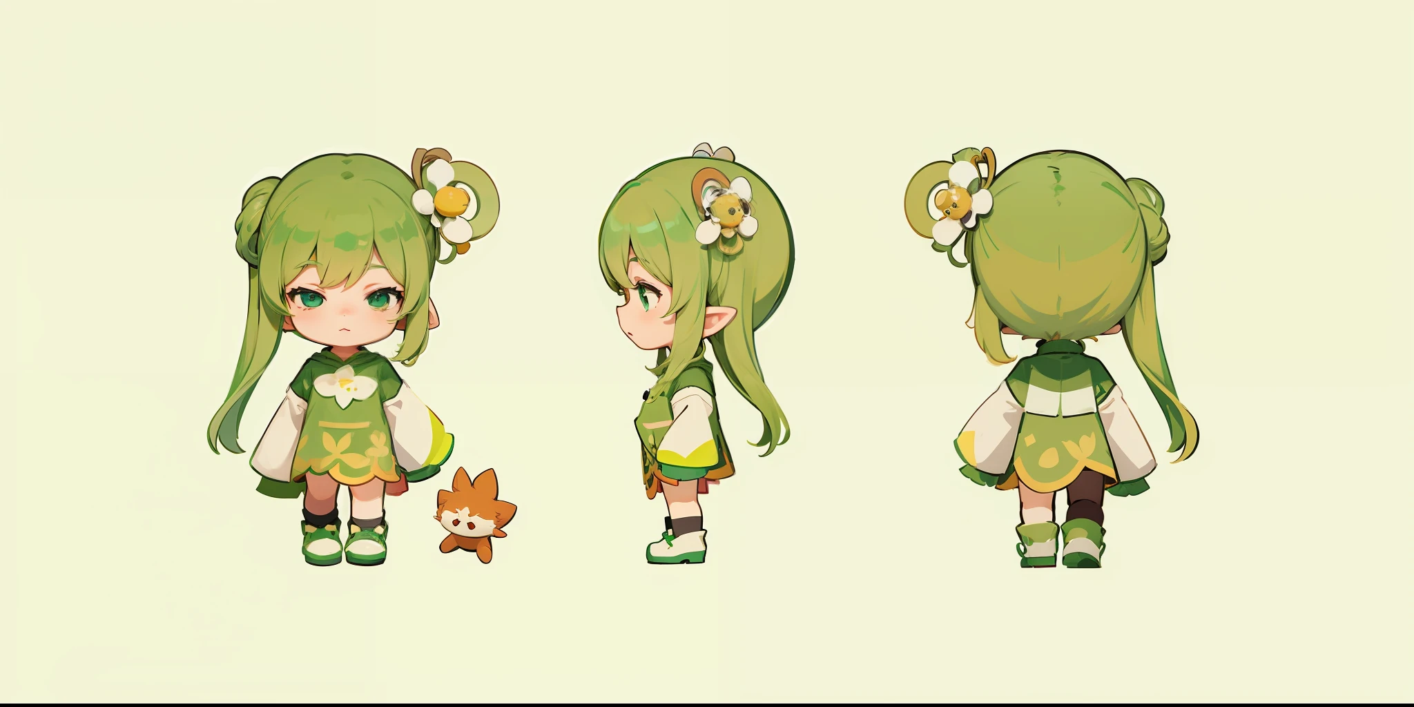 Blind box toy style，IP image three-dimensional，Green is the dominant color，Chubby body， Two-headed villain，（（8k，best qualtiy）））1 Young girls， Role table，Three View， concept-art， full bodyesbian， （Best images：1.2）， （best qualtiy：1.3），A cartoon character with green hair and a girl in a green dress, [ Character design ], character art of maple story, the elf, cute character, Game character design, Character design, style of maple story, sprite 2 d, Anime Stylization, pixie character, character is in her natural pose, very stylized character design, video game characters designs, character turnaround